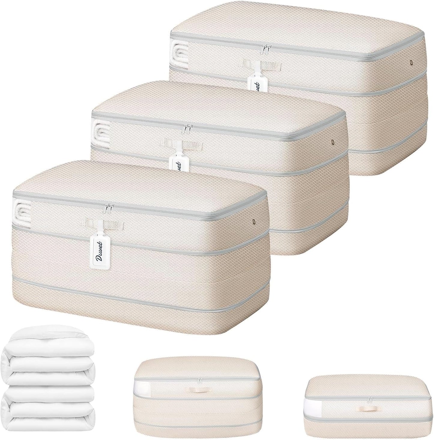 DIMJ Comforter Storage Bag - 100L Large Capacity Blanket Storage Compression Bags, Washable Space Saving Self Compression Organizer with Window Handles, Space Saver for Clothes, Bedding, Sheet