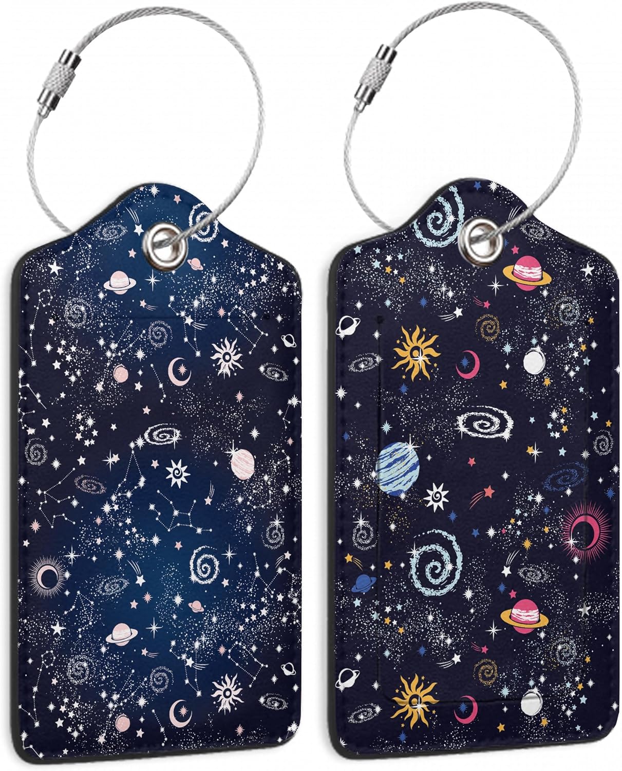 Space Moon Luggage Tags for Suitcases,2 Pack Planets Luggage Tag,Leather Stainless Steel Loop Label Tag for Women Men Girls Travel Bag Suitcase