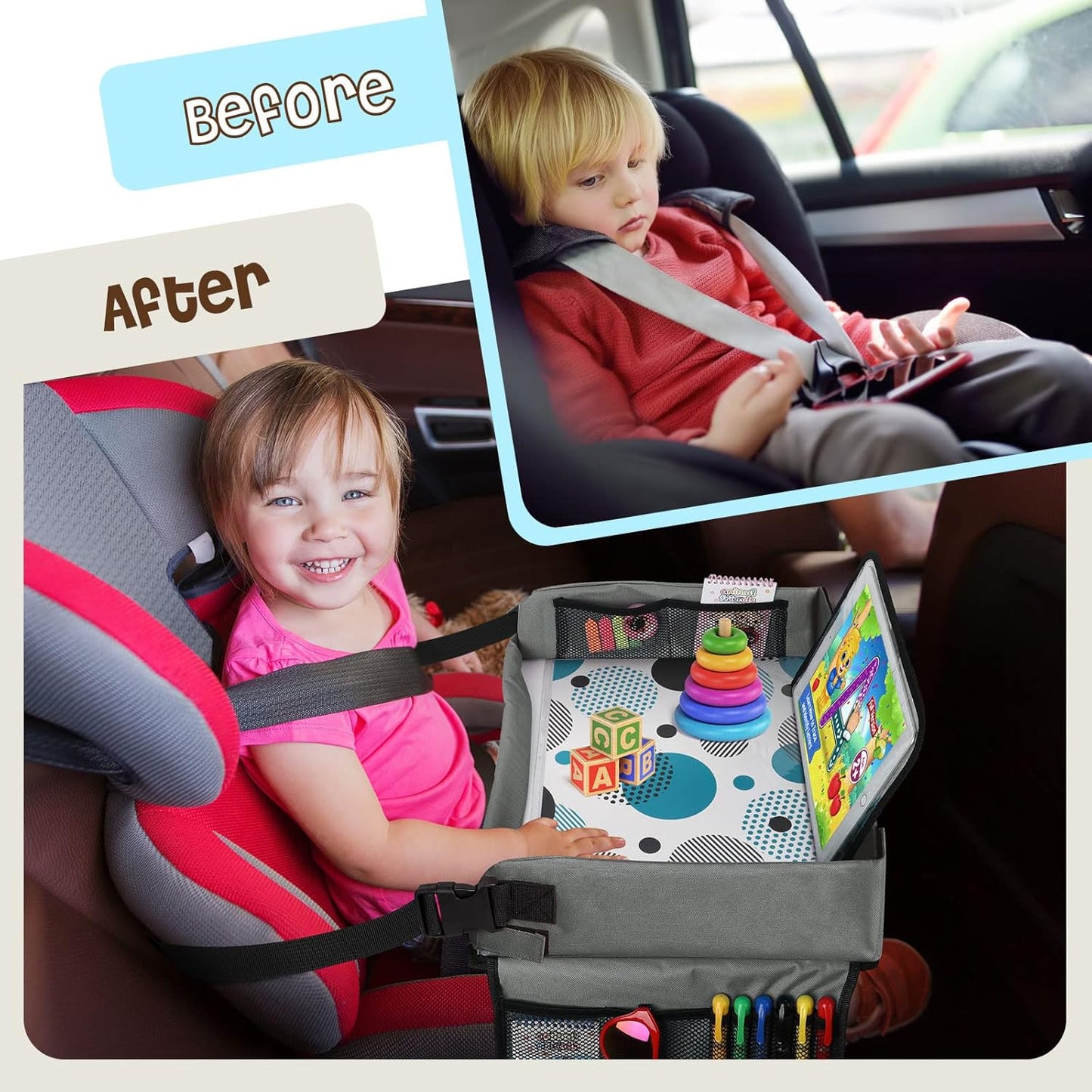[New Version] Car Seat Organizer Kids Travel Tray for Kids Toddlers Activities in Car Seat, Stroller, Airplane | Touch Screen iPad Holder | Waterproof Dry Erase Top | Side Pocket & Water Bottle Holder