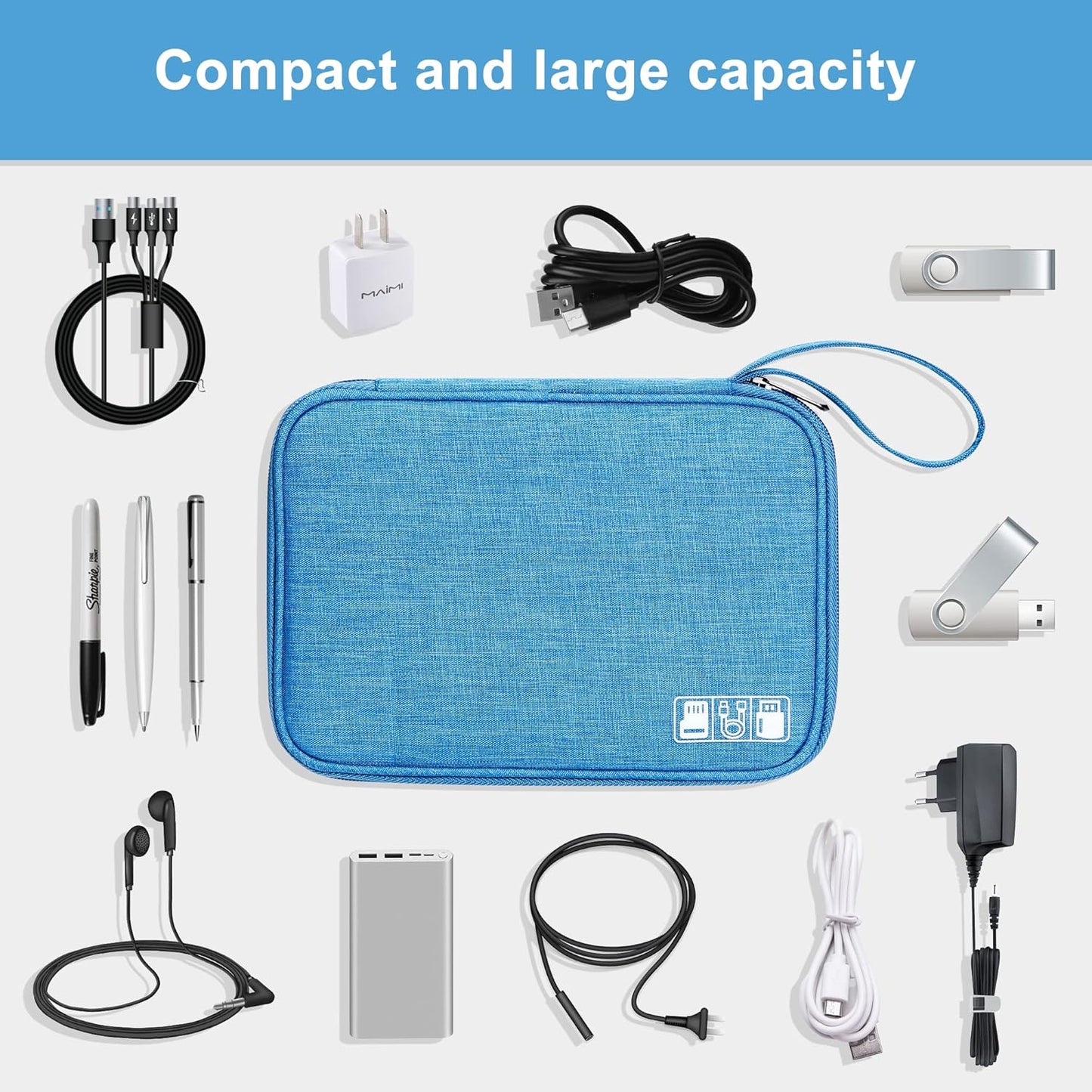 SELLYFELLY Travel Electronics Organizer Portable Cable Organizer Bag for Storage Electronic Accessories Case for Cord,Phone,Charger,Flash Drive (Sky Blue)