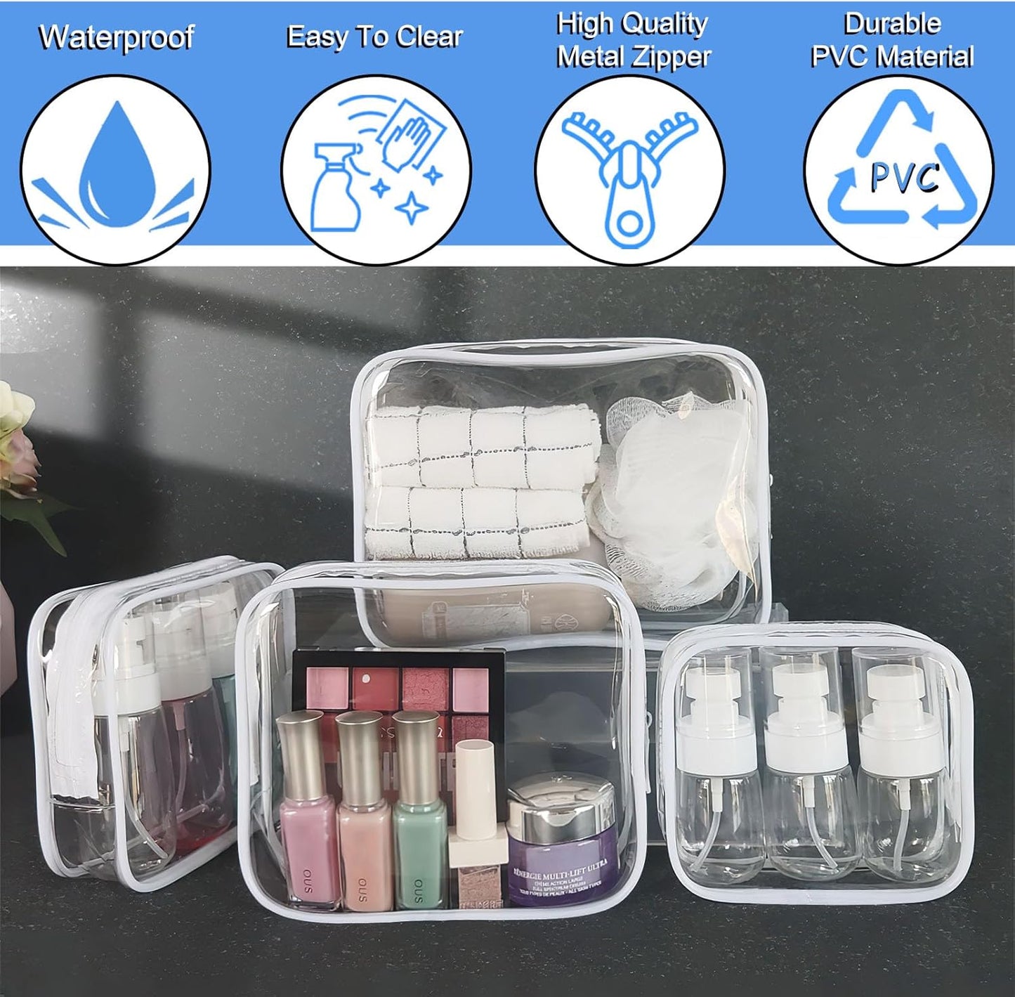3 Pack Clear Makeup Bags, Waterproof Toiletry Bag with Zipper, Transparent Travel Cosmetic Bag, TSA Approved Clear Organizer Bags, PVC Cosmetic Pouch Case for Vacation Airport Airline Compliant