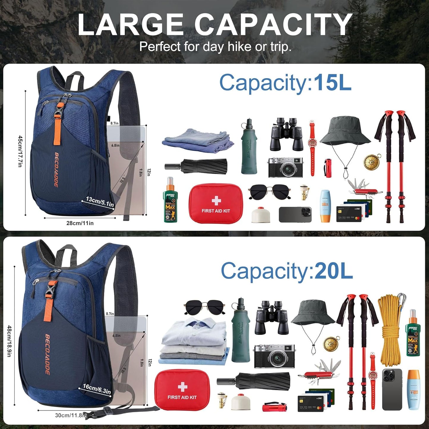 15L Small Hiking Backpack for Men Women Foldable Packable Back Pack Ultralight Hiking Daypack for Travel Camping Outdoor, Navy Blue