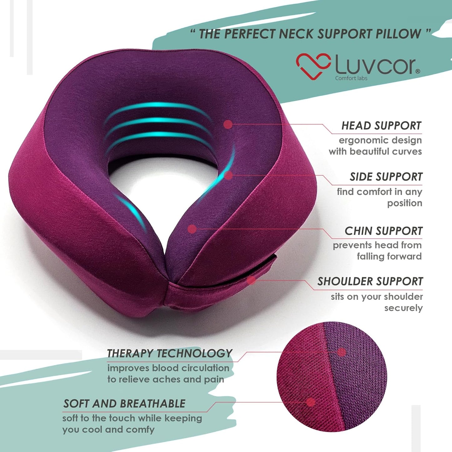 Premium Quality Memory Foam Travel Neck Pillow Bundle - Best Ergonomic Pillow for Airplane Travel, car Ride, Sleeping. Comes with Eye mask, earplugs and Storage Bag. (Royal Pink)