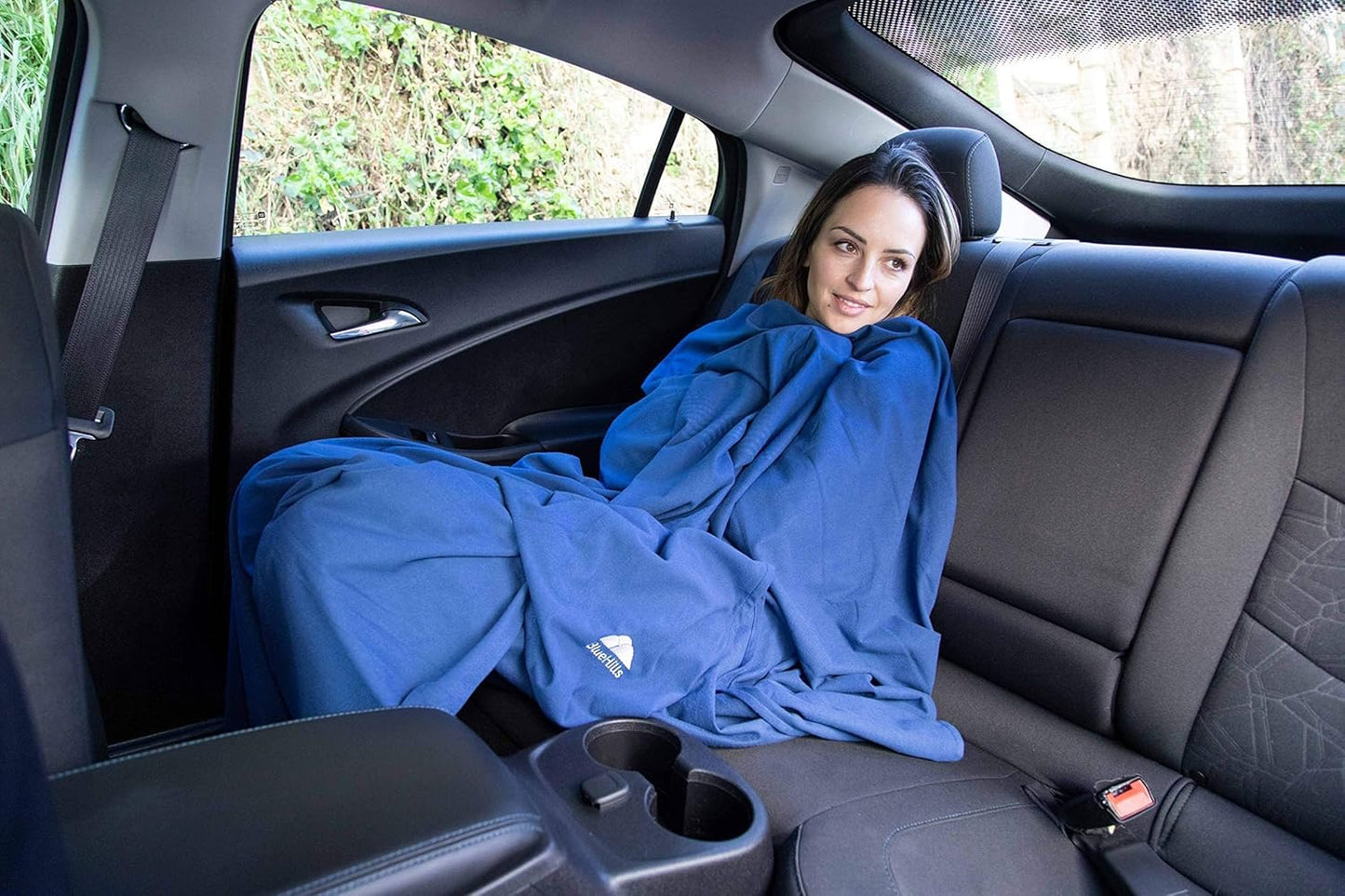 BlueHills Ultra Compact Travel Blanket Pillow in Portable Bag Case with Hand Luggage Belt & Backpack Clip Premium Cozy Soft Compact Pack Large Blanket for Airplane Flight Layover - Navy Blue C001