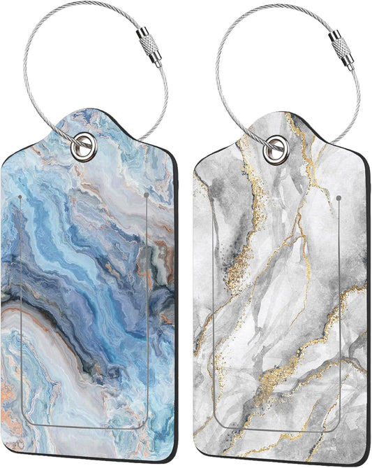2 Pack Abstract Marble Luggage Tag for Suitcases Marble with Gold Veins PU Leather Bag Travel Suitcase ID Identifier Baggage Tags for Women Men Travel