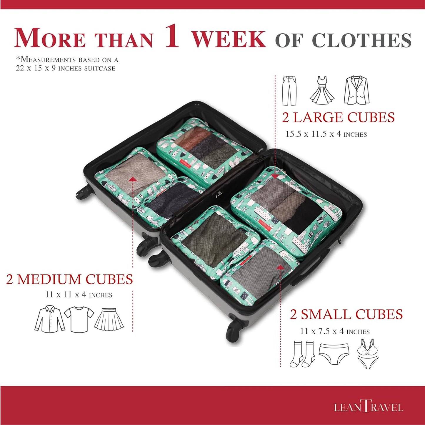 LeanTravel Compression Packing Cubes for Travel Organizers with Double Zipper (6-Pack (2L+2M+2S), Green Cactus)