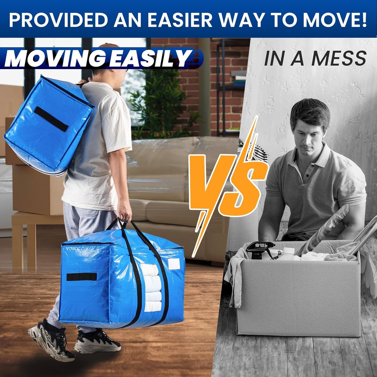 TAILI Extra Large Moving Bags, 8 Pack Blue Heavy Duty Totes For Storage with Visible Window, Wrap Around Handles, Storage Bags for Space Saving, Alternative to Moving Boxes