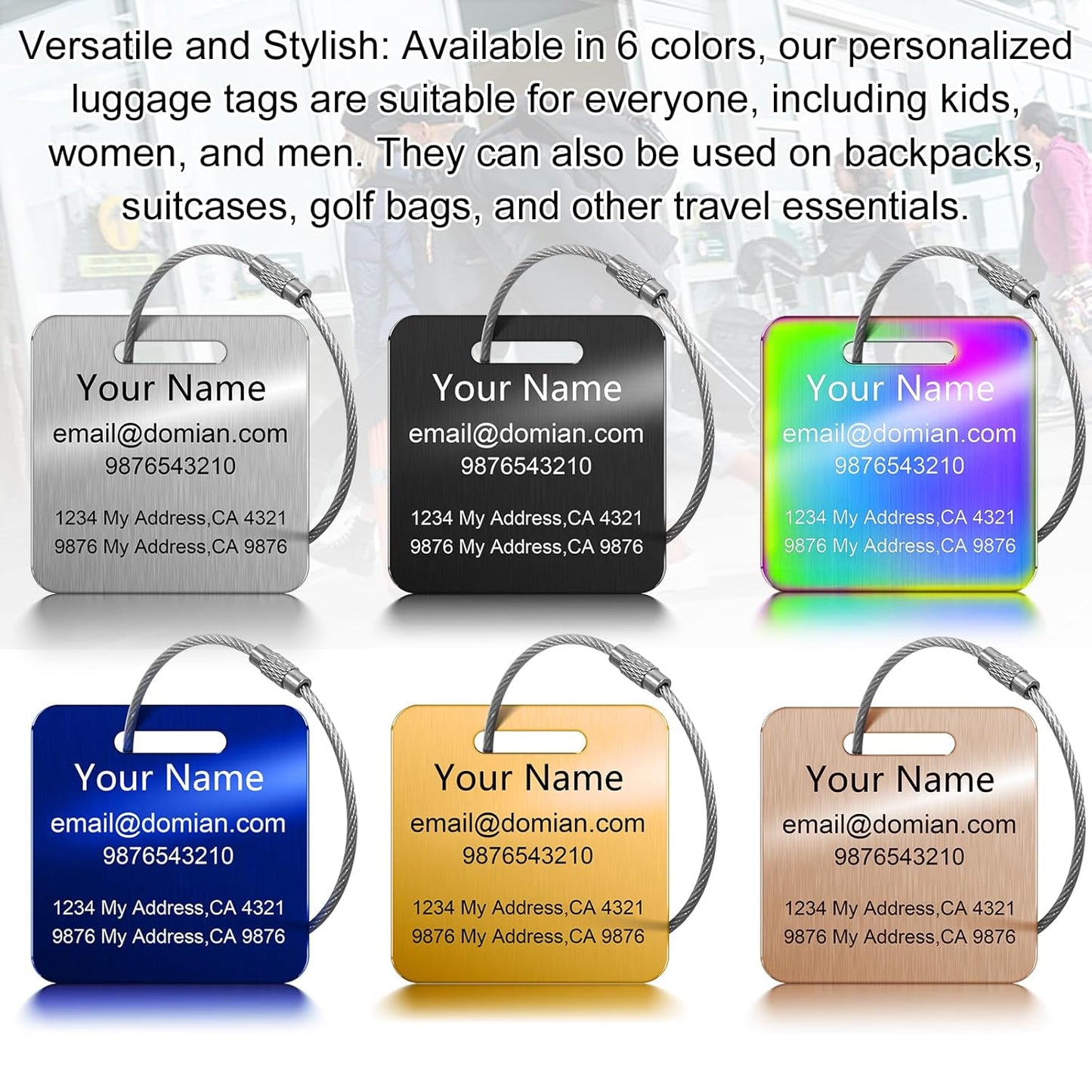 Stainless Steel Personalized Luggage Tags for Suitcases - Custom Name ID Travel Tags for Luggage, Backpacks and Bags - Metal Travel Essentials Accessories for Kids, Women and Men - Bulk Set (3 Pack)