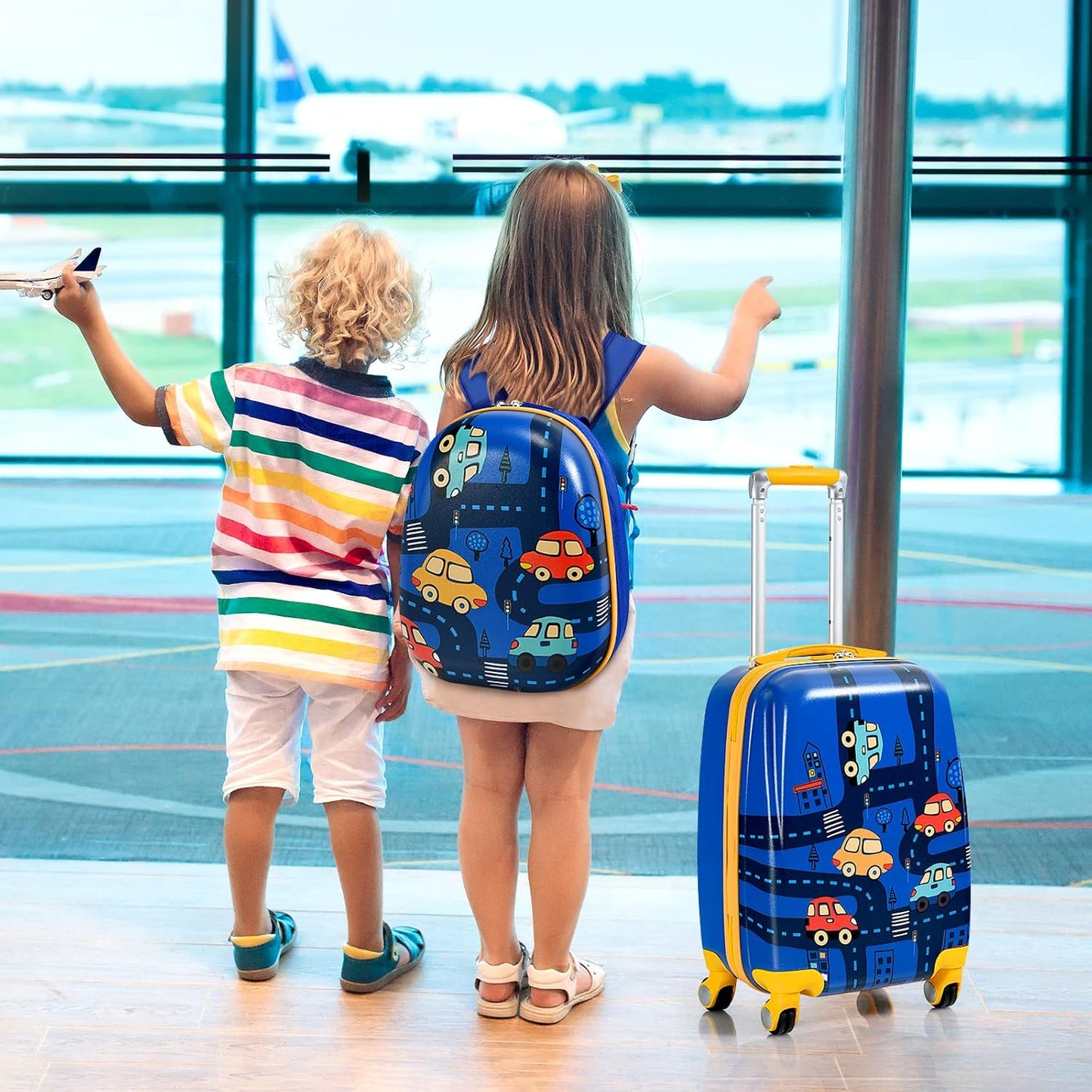 HONEY JOY Kids Luggage, 12" Toddler Backpack & 18" Travel Suitcase with Wheels, Lightweight Toddler Suitcase, Durable ABS Hardshell, 2Pcs Carry On Luggage Set for Boys Girls (Car)