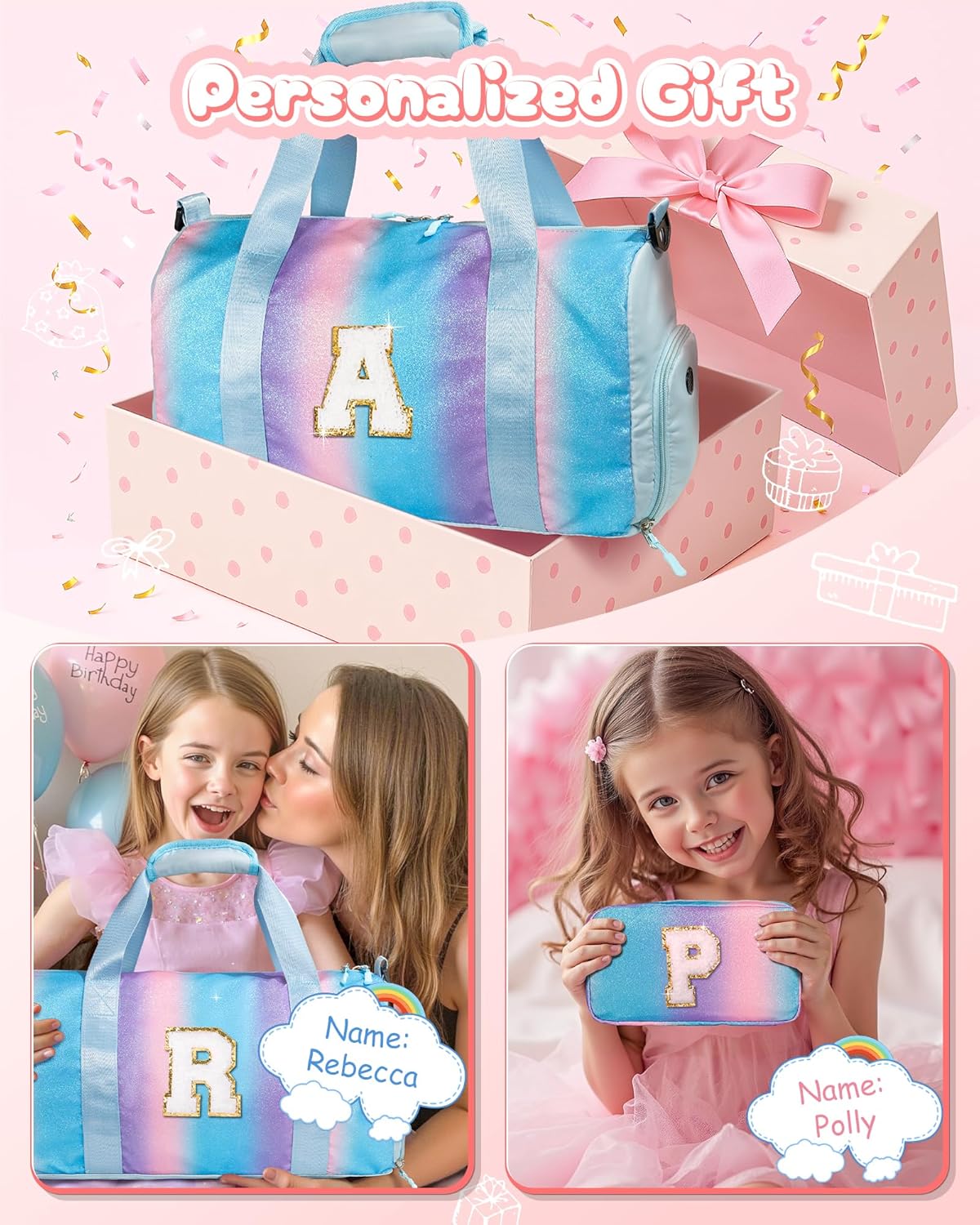 Christmas Gifts for Girls-Girl Gym Bag with Shoe Compartment, Kid Personalized Weekender Overnight Bags, Initial Travel Tote with Makeup Pouch, Gift Ideas for Niece Sister (Letter W)