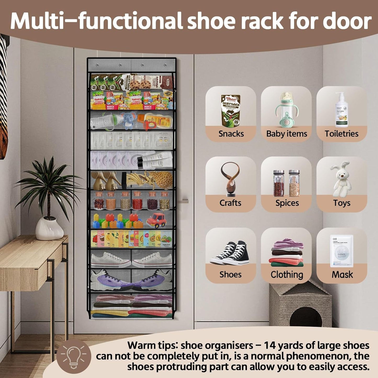 12 Pocket Over the Door Shoe Organizer,Reusable Breathable Large Mesh Bag Men's & Women's Sneaker Organizer,Shoe Organizer for Kids,Hanging Shoe Storage Hanging Bag (Gray)