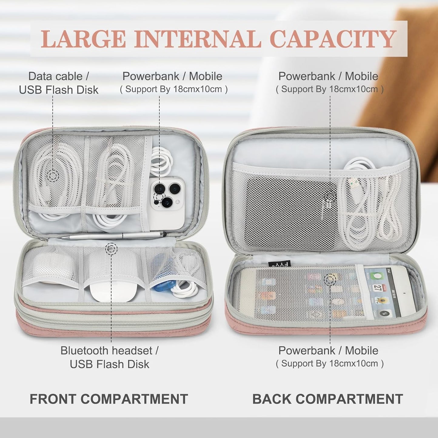 FYY Electronic Organizer, Large Travel Cable Organizer Bag Pouch Electronic Accessories Carry Case Portable Waterproof Double Layers All-in-One Storage Bag for Cable, Cord, Charger, Pattern Pink
