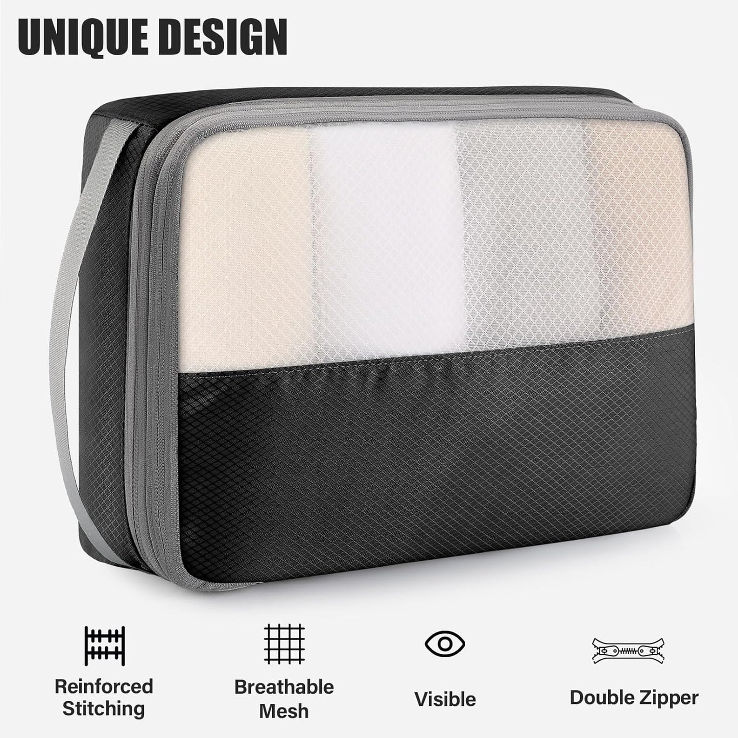 6 Set Compression Packing Cubes for Travel, Bonus Versatile Drawstring Backpack, Lightweight Luggage Organizer Bags, Sturdy Travel Accessories for Suitcase, Black