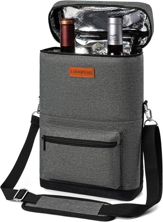 2 Bottle Wine Bag Carrier Tote, Portable Wine Cooler Bag with Padded Shoulder Strap, Versatile Liquor Case for Picnic Travel Birthday Party Coolest Gift for Women Men Wine Lovers Grey
