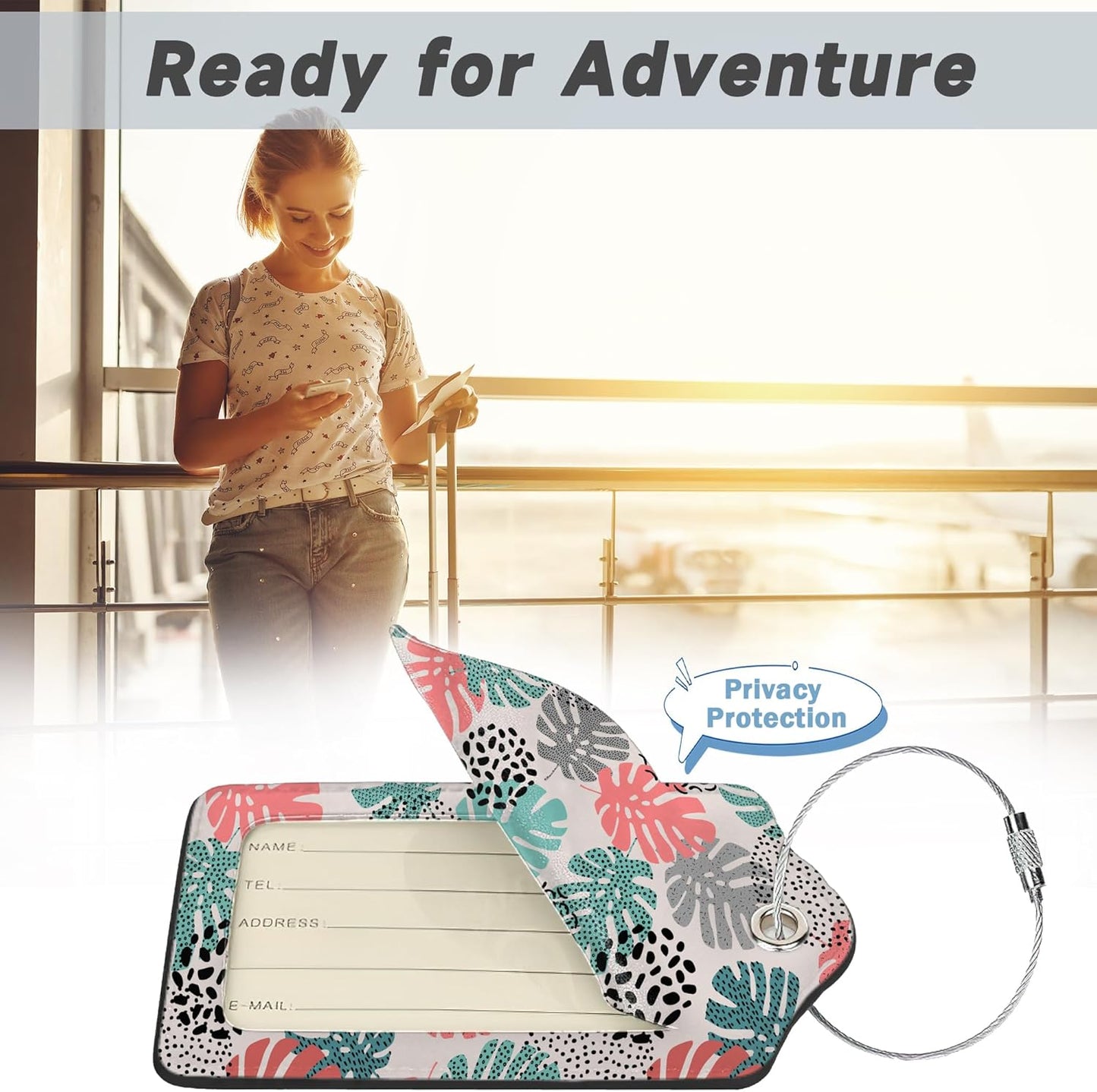 2 Pack Luggage Tag for Suitcase,Wave Dot Art Tropical Palm Leather Suitcase Tags Identifiers with Privacy Name Address Labels and Durable Steel Loop for Women Men Travel