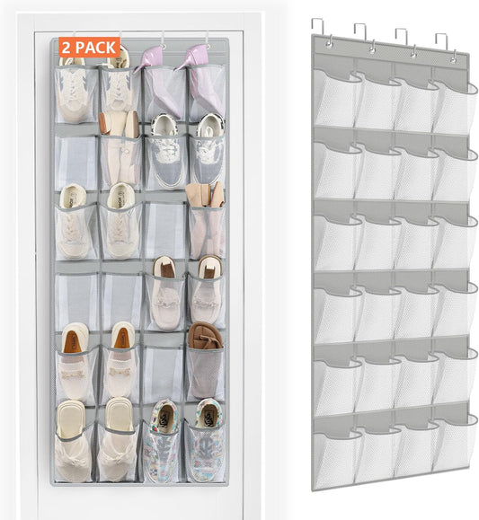 FENTEC 2 Pack Over the Door Shoe Organizer Hanging Shoe Organizer for Closet, Space Saving Mesh Large Pocket Shoe Storage and Organizer with 24 Packets, Shoe Holder for Apartments Garages, Gray
