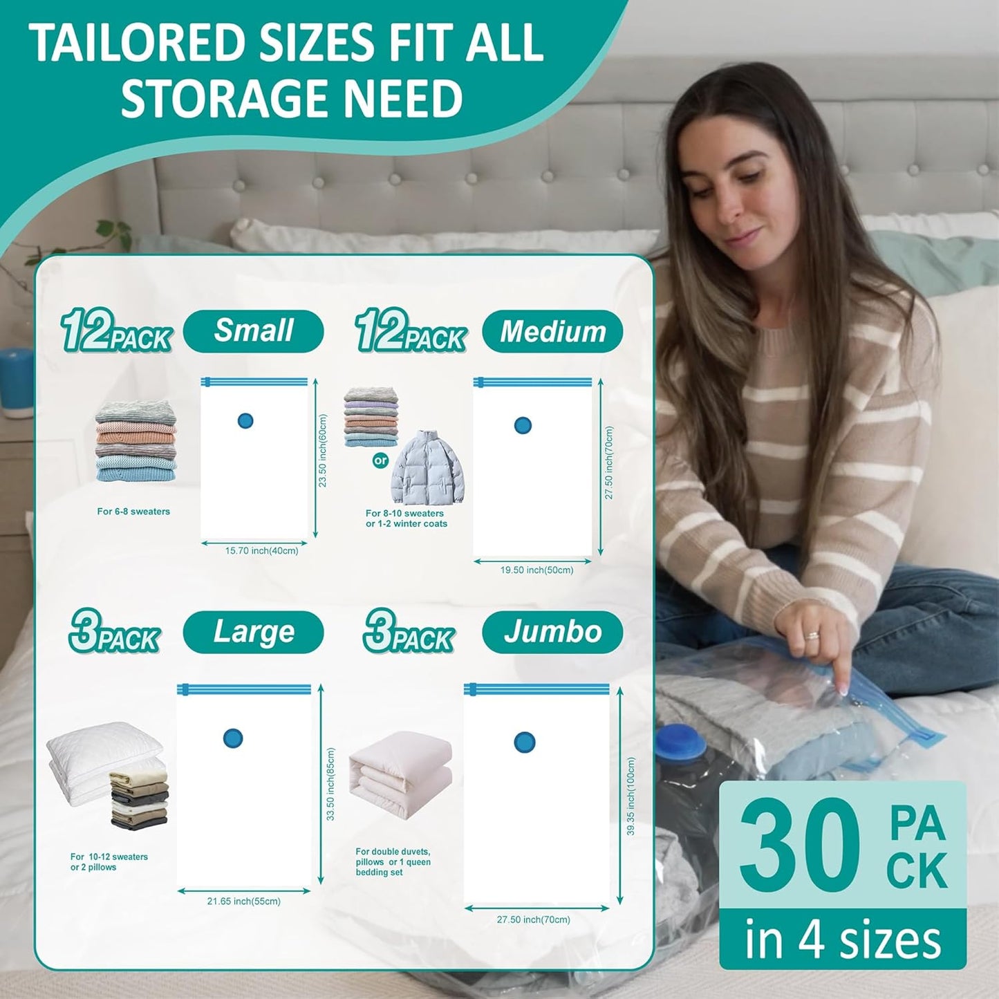 Cozy Essential 30 Pack Vacuum Storage Bags with Portable Electric Pump, Vacuum Seal Space Saver Bags for Clothing, Pillows, Blanket, Bedding, Comforter