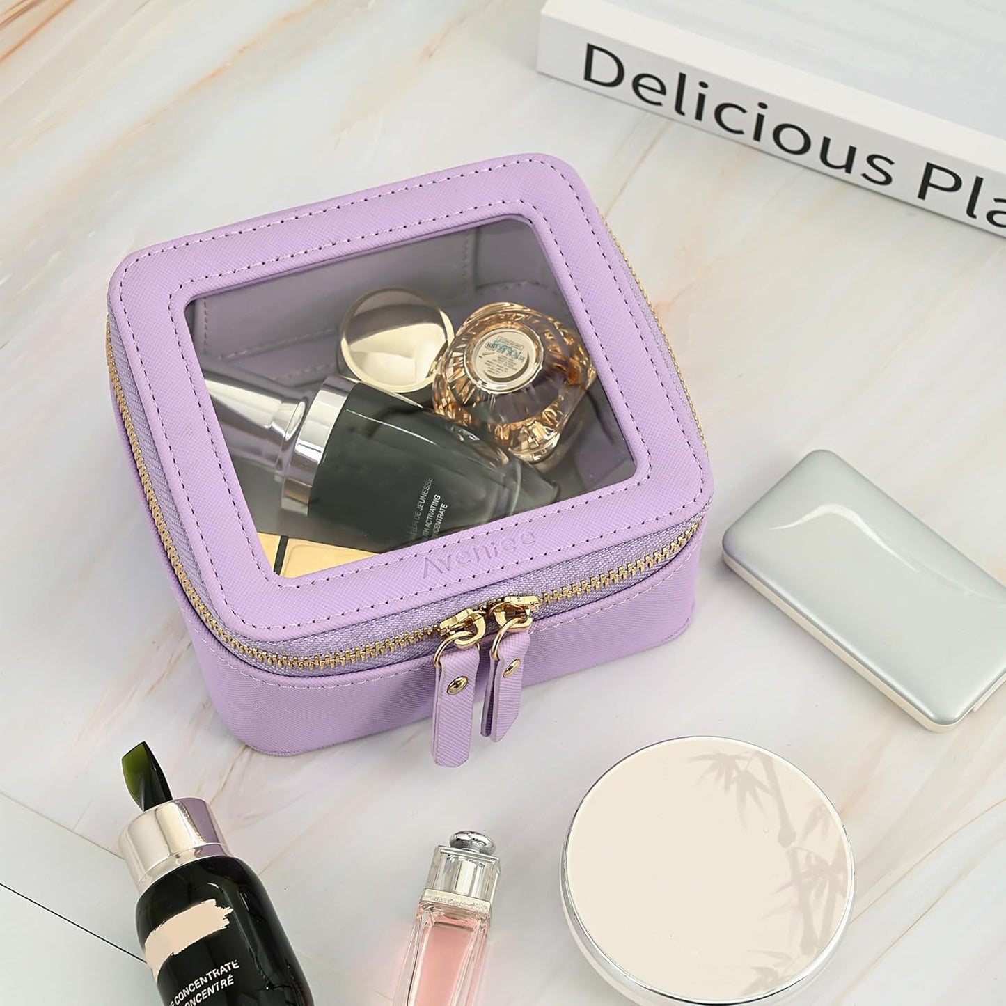 Aveniee Mini Clear Makeup Bag, Small Cosmetic Bags Travel Toiletry Pouch Organizer, TSA Approved Make up Case with Zipper, Car Bag for Essentials,Lilac