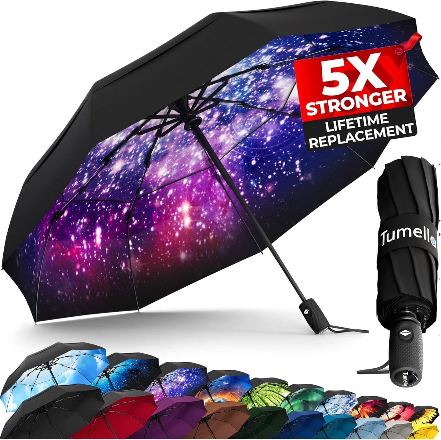 TUMELLA Strongest Windproof Travel Umbrella (Compact, Superior & Beautiful), Small Strong but Light Portable and Automatic Folding Rain Umbrella, Durable Premium Grip, Fits Car & Backpack