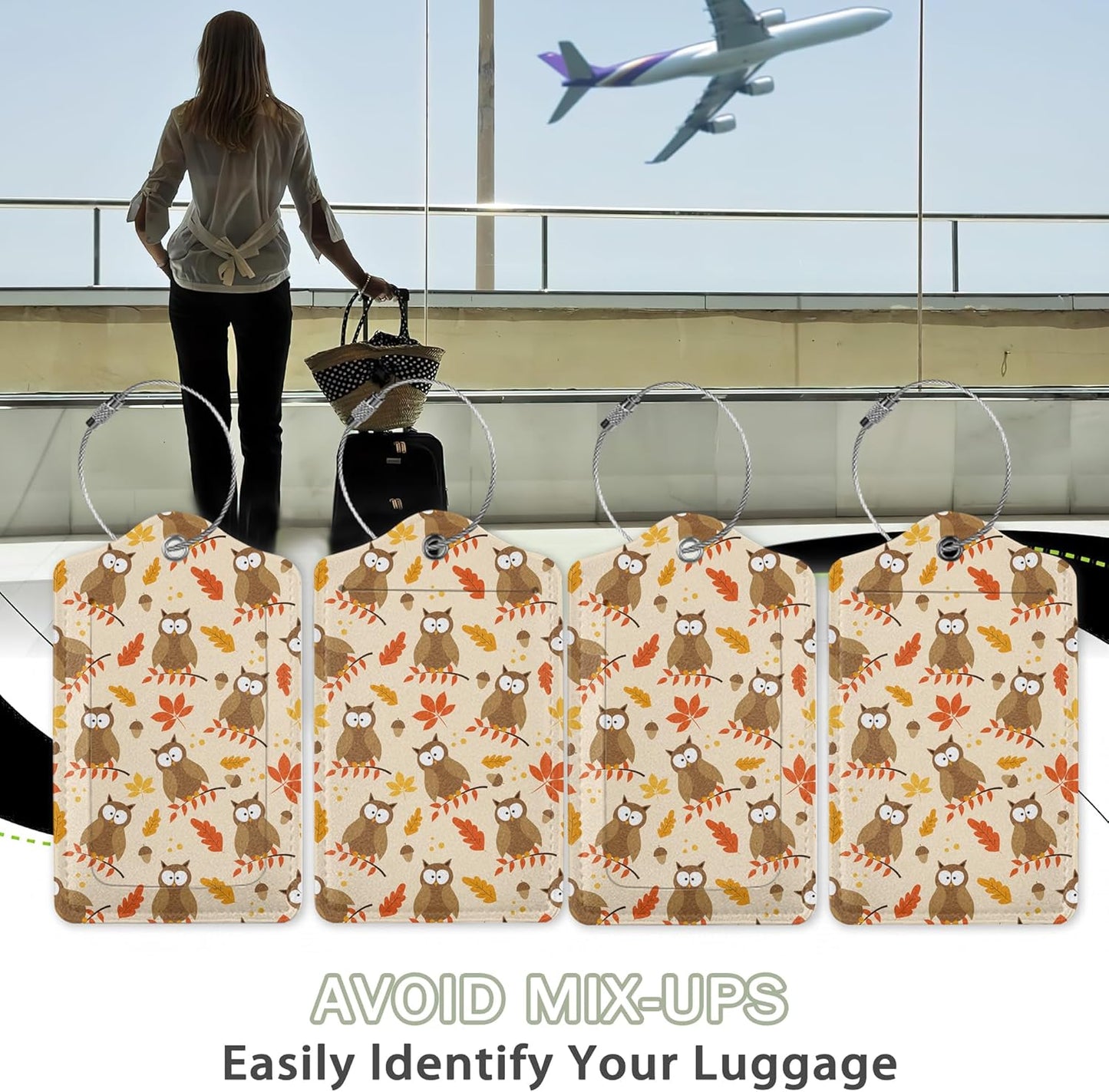 2 Pack Luggage Tags for Suitcase,Autumnal Leaves and Owl Bird Leather Luggage Tag Bag Tags Identifiers Privacy Cover Id Label with Steel Loop for Women Men Girls Boys Travel