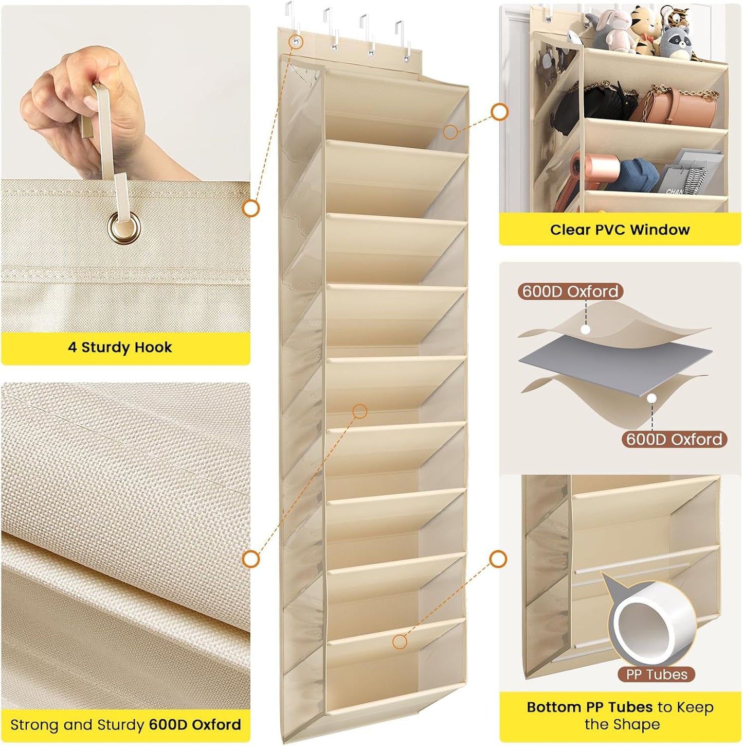 Over the Door Shoe Organizer for Closet, Shoes Rack with 10 Tier PVC Window Deep Pockets, Hanging Shoe Organizers for Boot Storage, Behind the Door Narrow Shoe Holder for Small Shoes, Beige