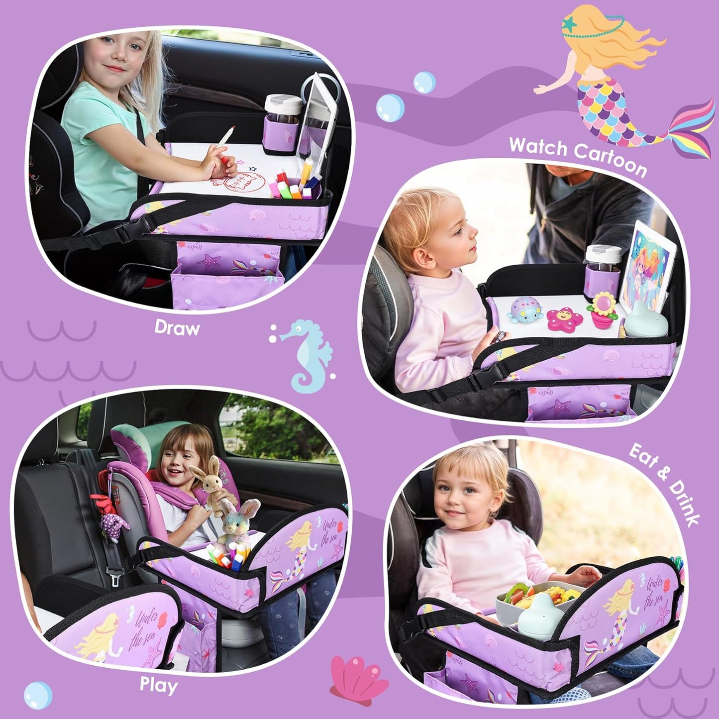 Kids Travel Tray for Airplane - Toddler Car Seat Table Tray, Road Trip Essentials for Boys & Girls, Carseat Lap Desk for Kids Road Trip Activities (Purple Mermaid)