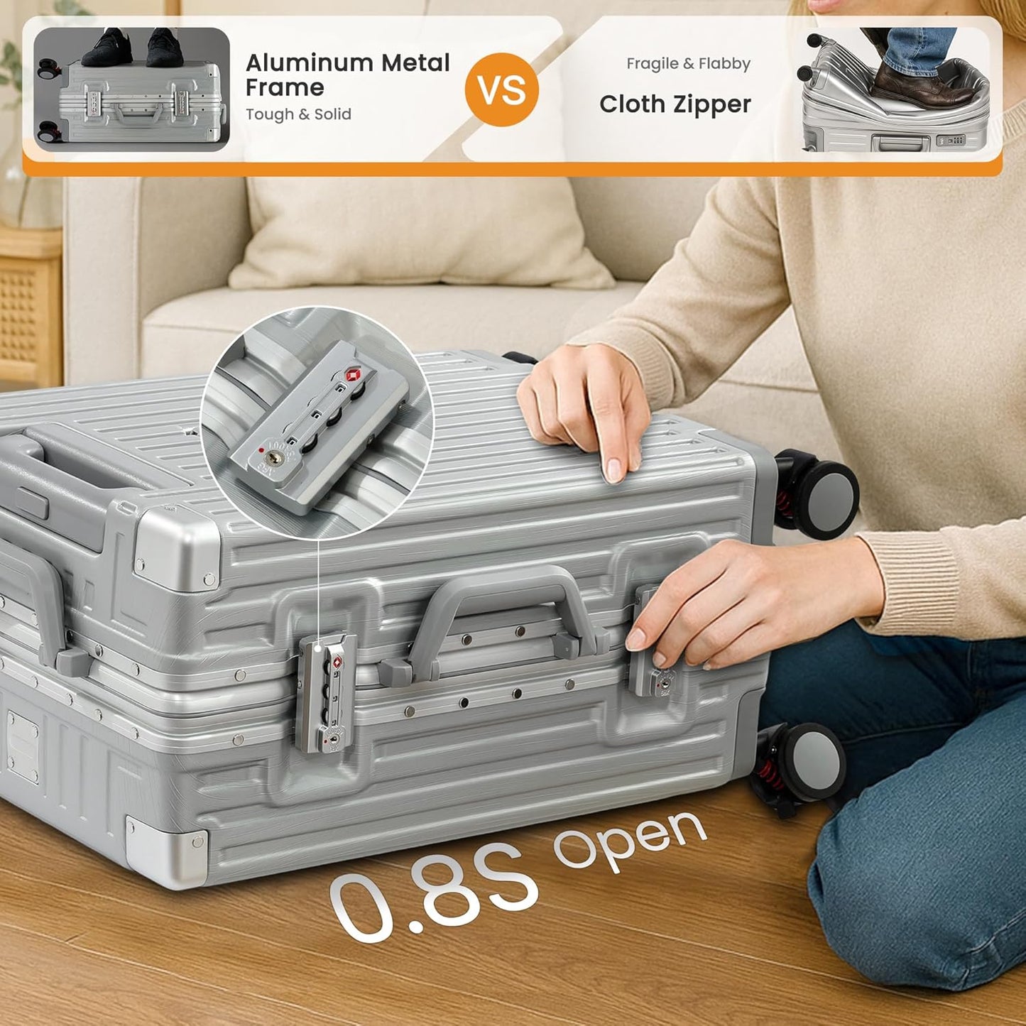 Carry On Luggage 22x14x9 Airline Approved, Zipperless Luggage Carry On, Hard Shell Suitcases with TSA Lock, Lightweight Carry On Suitcases with Aluminum Frame (silver, 20inch)