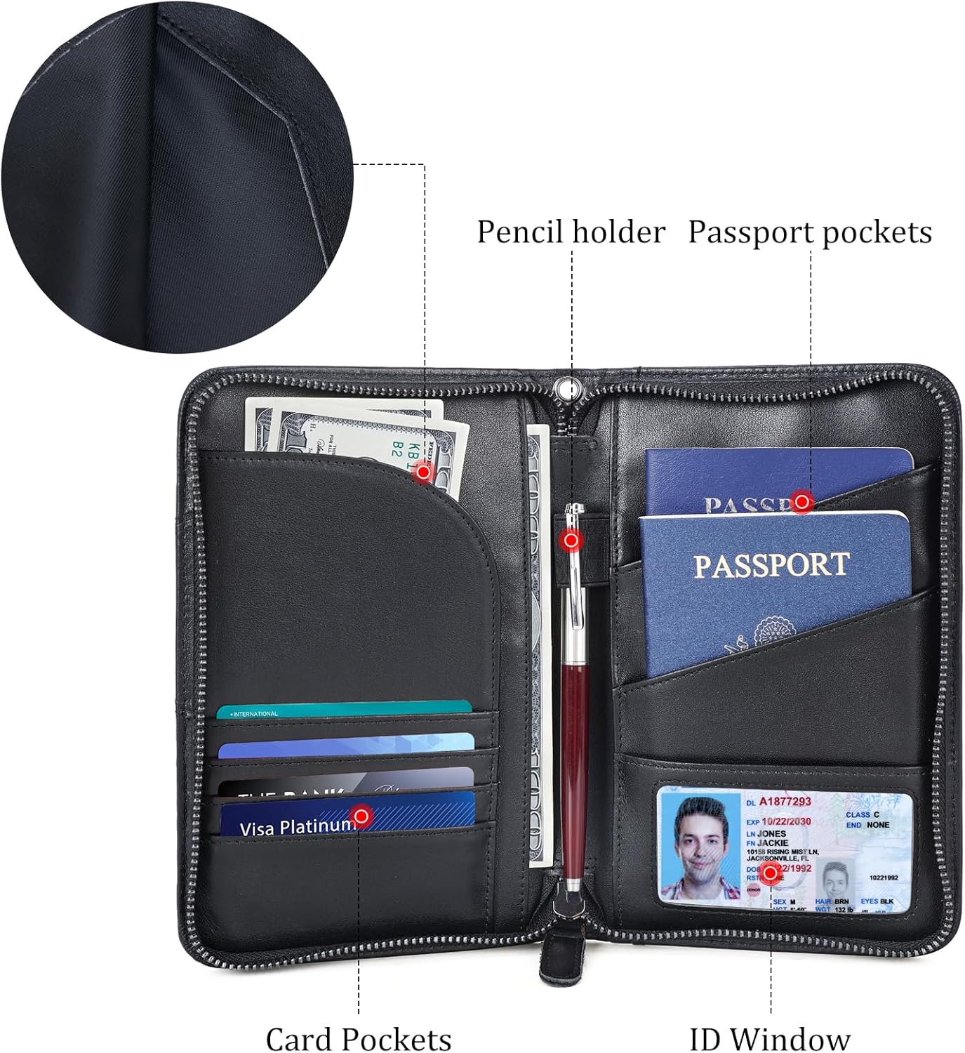 Polare Napa Leather Passport Holder With YKK Zipper RFID Blocking Travel Document Organizer Ticket Holder Cover Case Holds 2 Passports (Black)