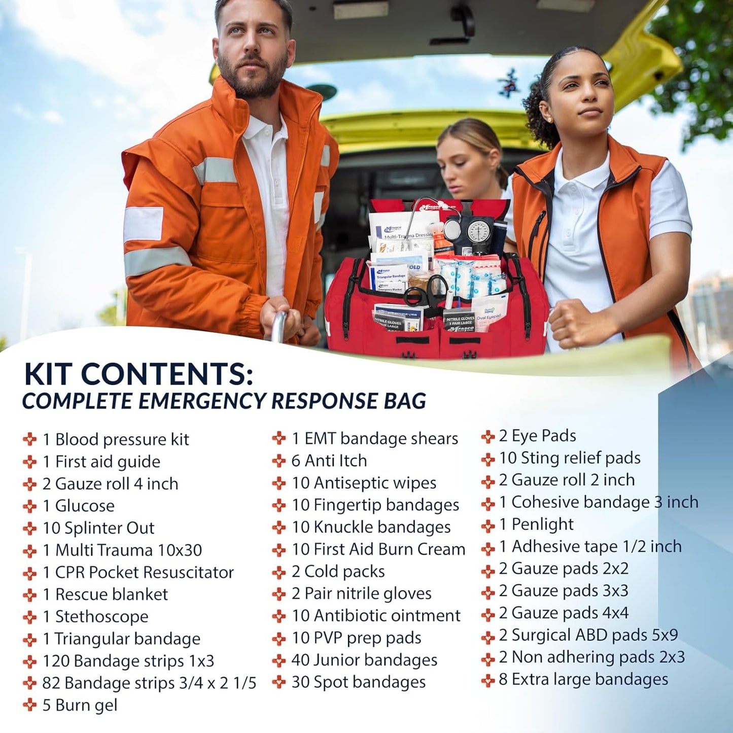 MFASCO First Aid Kit - Fully Stocked Portable Reflective Bag -First Responder Emergency Response Kit -for Natural Disaster Preparedness - Customizable Storage -Includes 415 Pcs First Aid Supplies- Red