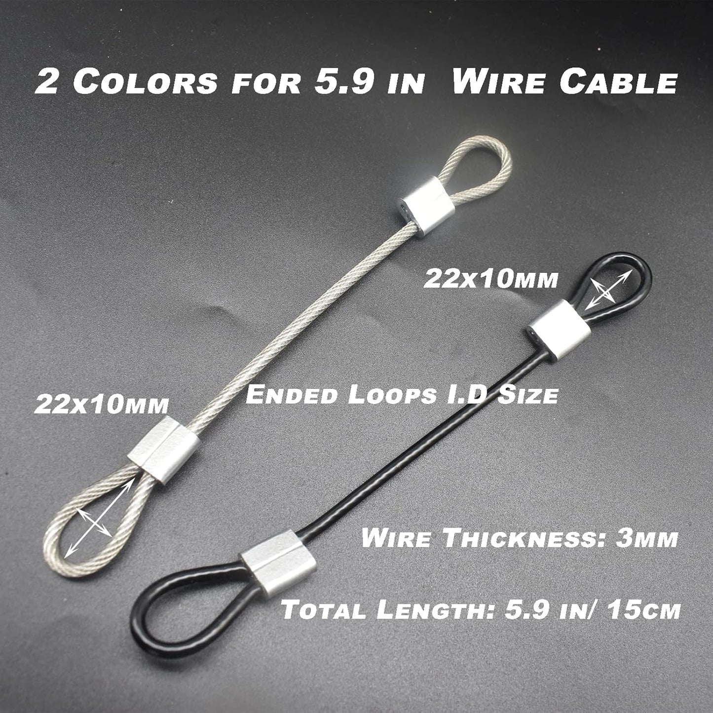 20 pcs 6 inch (15cm) 3mm Thickness Stainless Steel Wire Cable with Loops Vinyl Cover Coated Short Rope Lanyard Lock Safety Tether Chains, Black