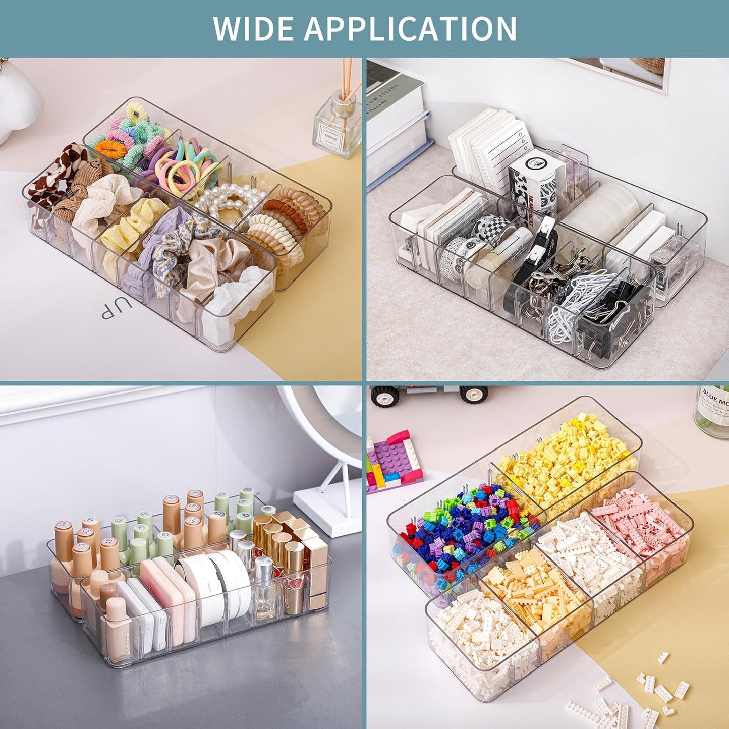 Yesesion 2 Pack Plastic Cable Management Box with Removable Dividers, Clear Cord Storage Organizer with 20 Wire Ties for Desk Drawer, Office Supplies, Electronic Accessories, Battery, Phone Charger