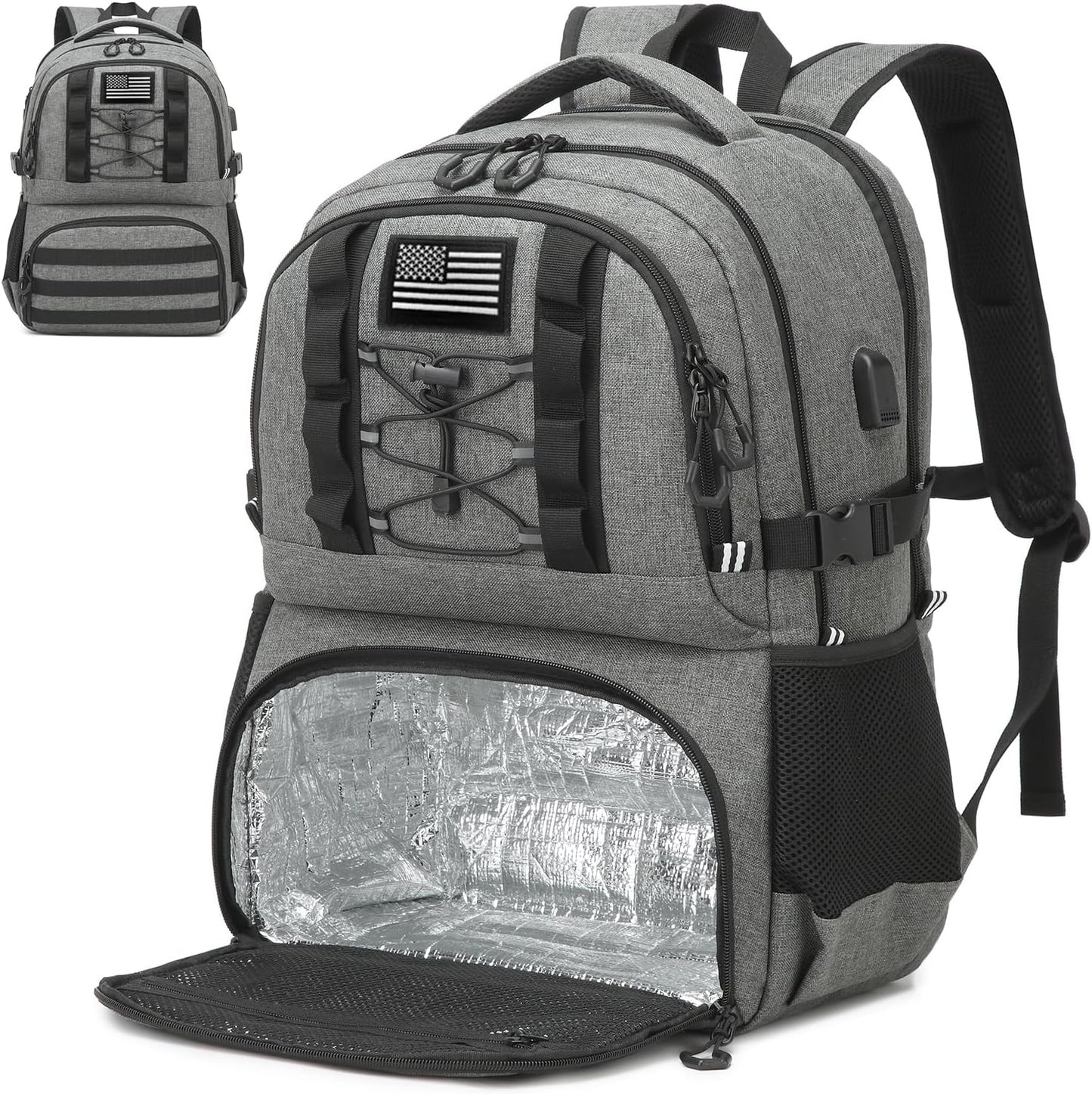 Laptop Lunch Backpack for Men - 40L Large Capacity Work Backpack with Lunch Compartment and USB Post, RFID Insulated Cooler Backpack for Work, Travel, Picnic, Black+Gray