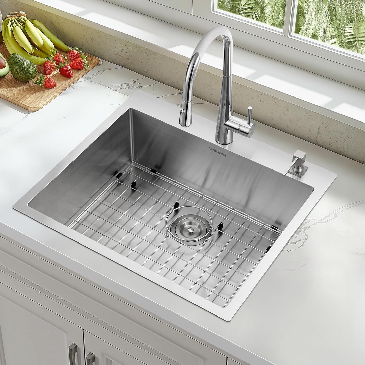 25-Inch Drop-In Kitchen Sink, SINKVINE 25" x 22" Stainless Steel Indoor and Outdoor Sink, Top Mount Large Deep Single Bowl Sink for Laundry Room, with Drain Strainer, Bottom Grid, Roll-up Drying Unit