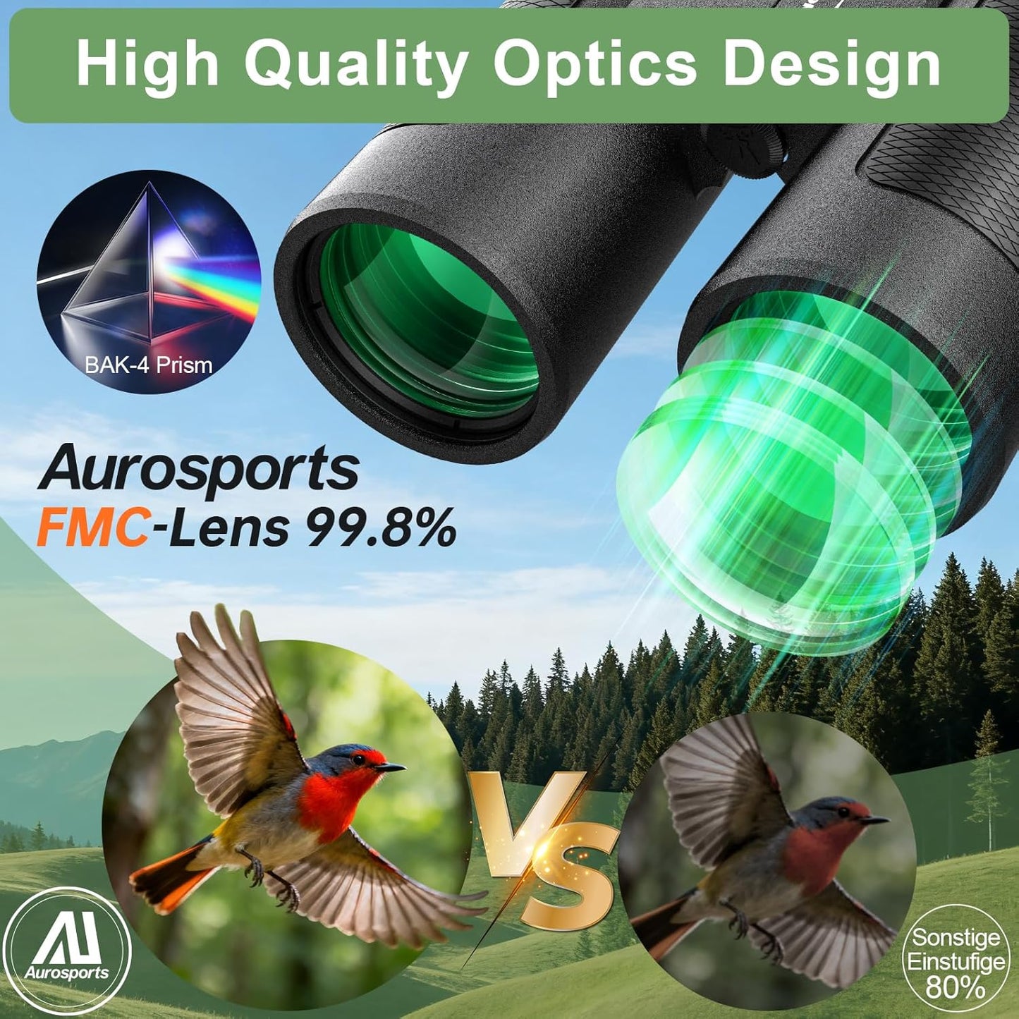 15x42 Binoculars for Adults High Powered - Aurosports HD Lightweight Bird Watching Binocular with Phone Adapter, BAK4 Prism & Carrying Bag