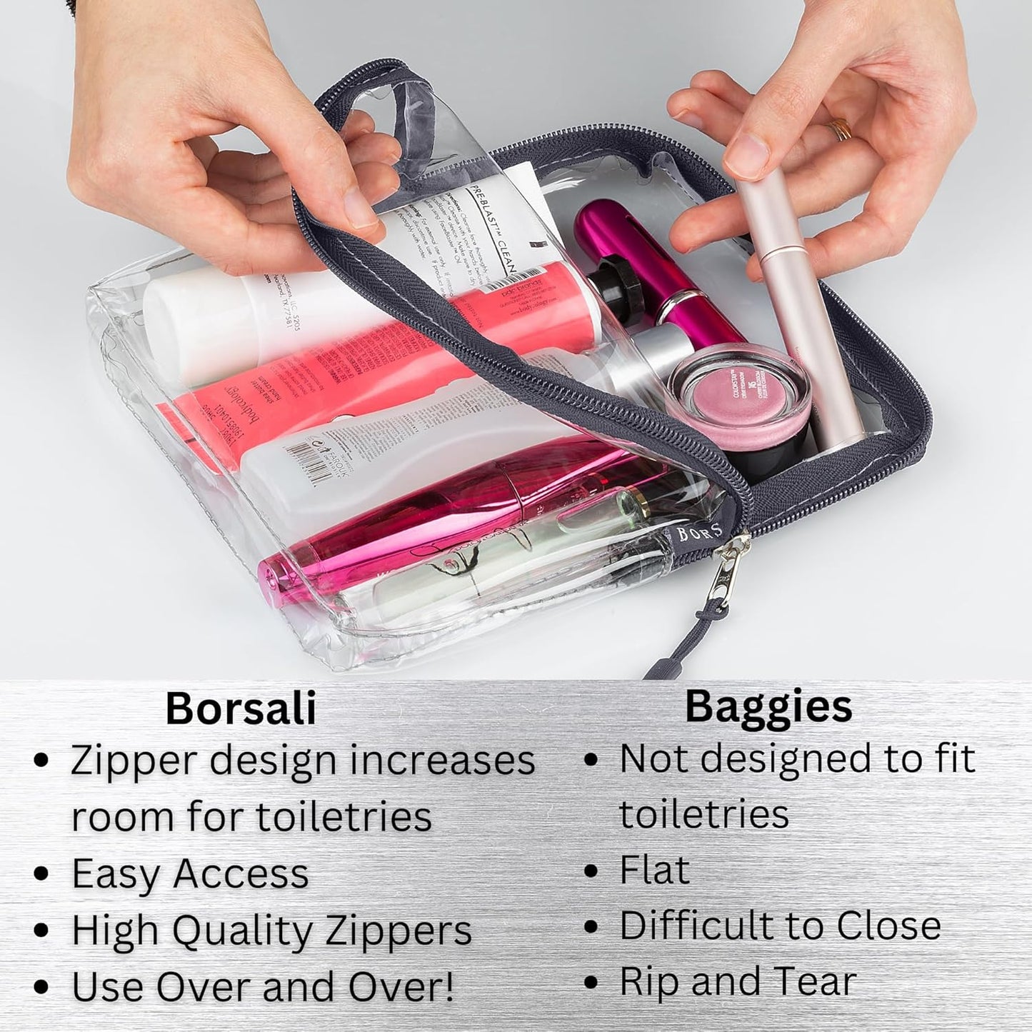 BORSALI TSA Approved Toiletry Bag - Clear Quart Size for 3-1-1 Carry On Travel - Makeup Organizer Cosmetic Pouch with Zipper - Travel Accessories - 5 Pack Colors