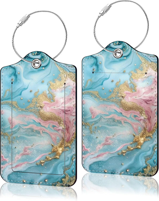 2 Pack Luggage Tag for Suitcase, Cute Unique Leather Suitcase Tags Identifiers with Privacy Name Address Labels & Durable Steel Loop for Women Men Travel