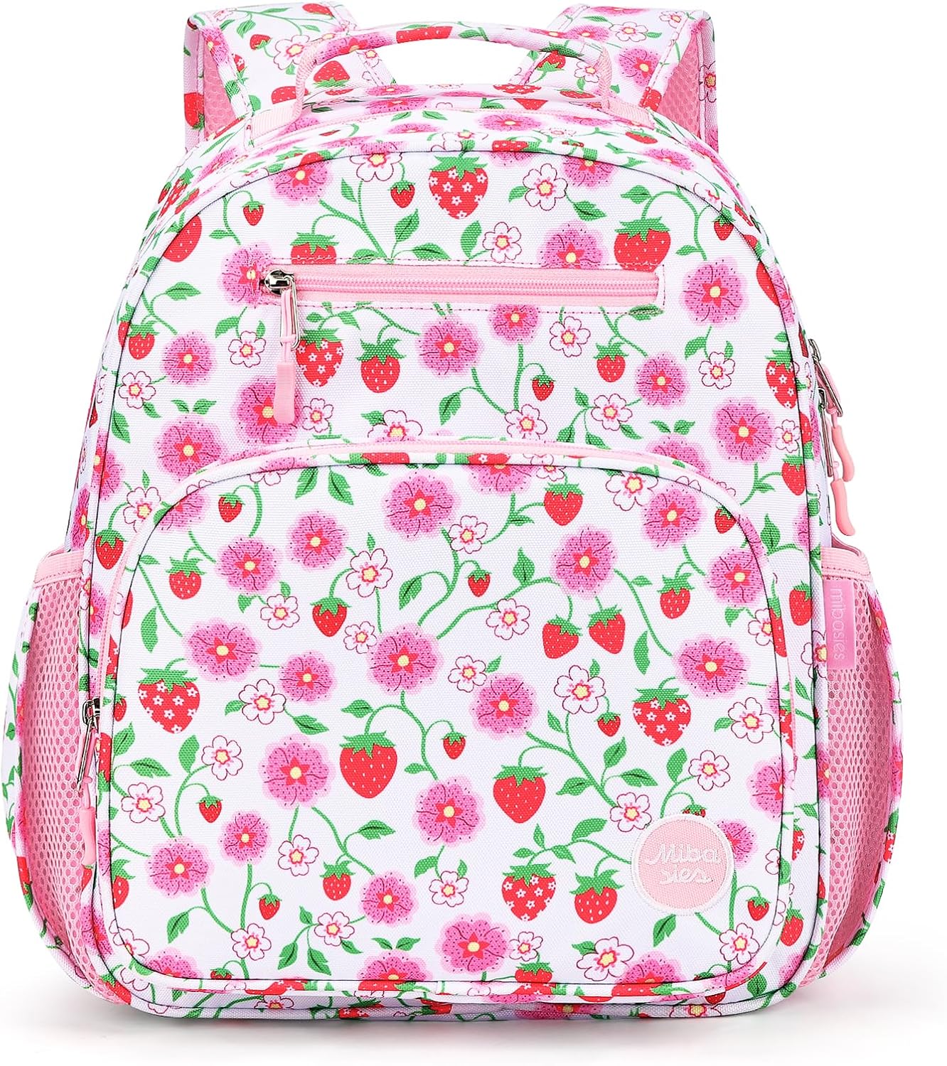 mibasies Girls Backpack 5-8: Lightweight Kids Backpacks for Girls - Girl Bookbag for Elementary School - Strawberry Floral Pink