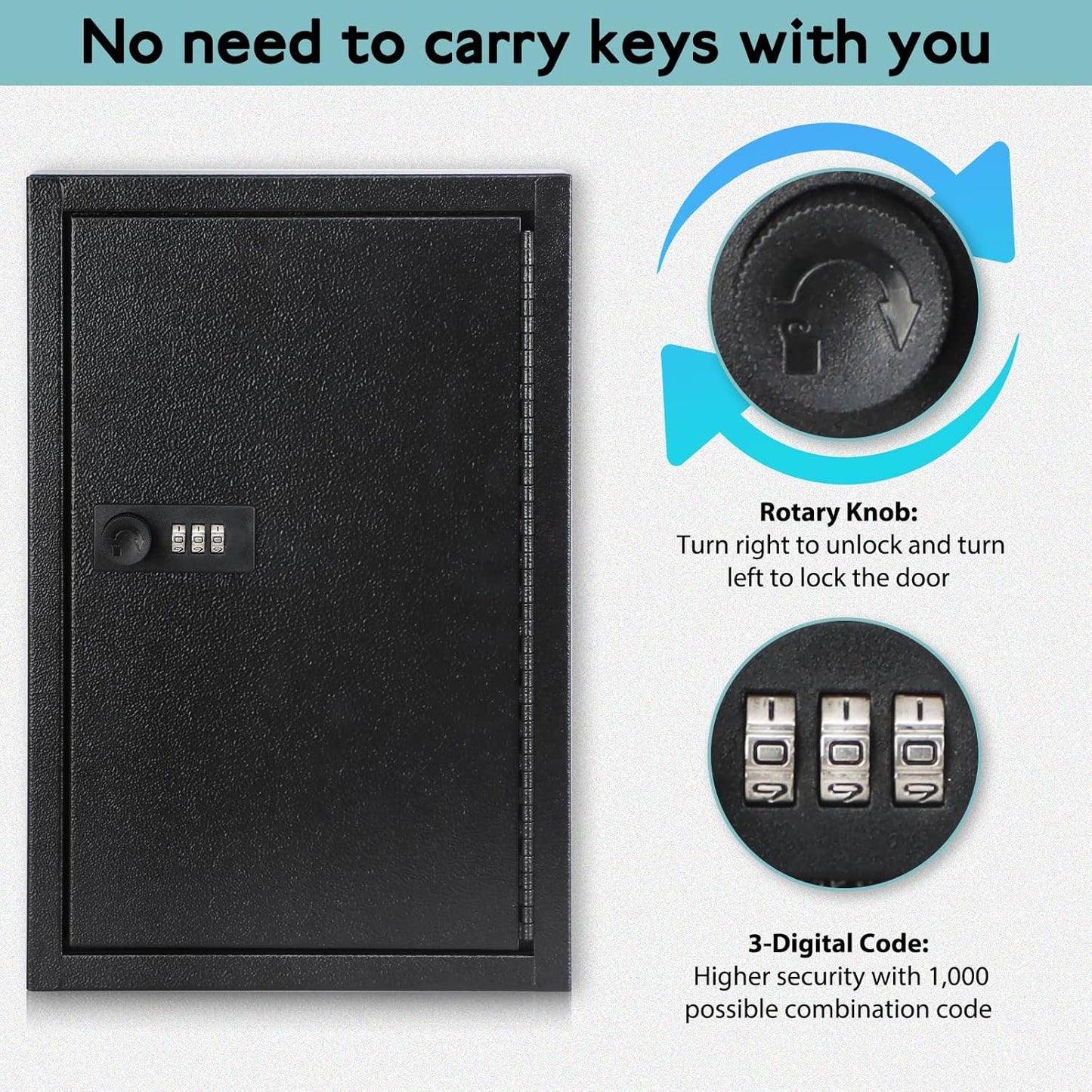 KYODOLED Locking Key Cabinet, 40 Key Storage Lock Box with Code, Key Box Wall Mount with Combination Lock, Key Hooks & Tags Key Labels, 2.5" D x 8" W x 12" H (Black,40 Key)