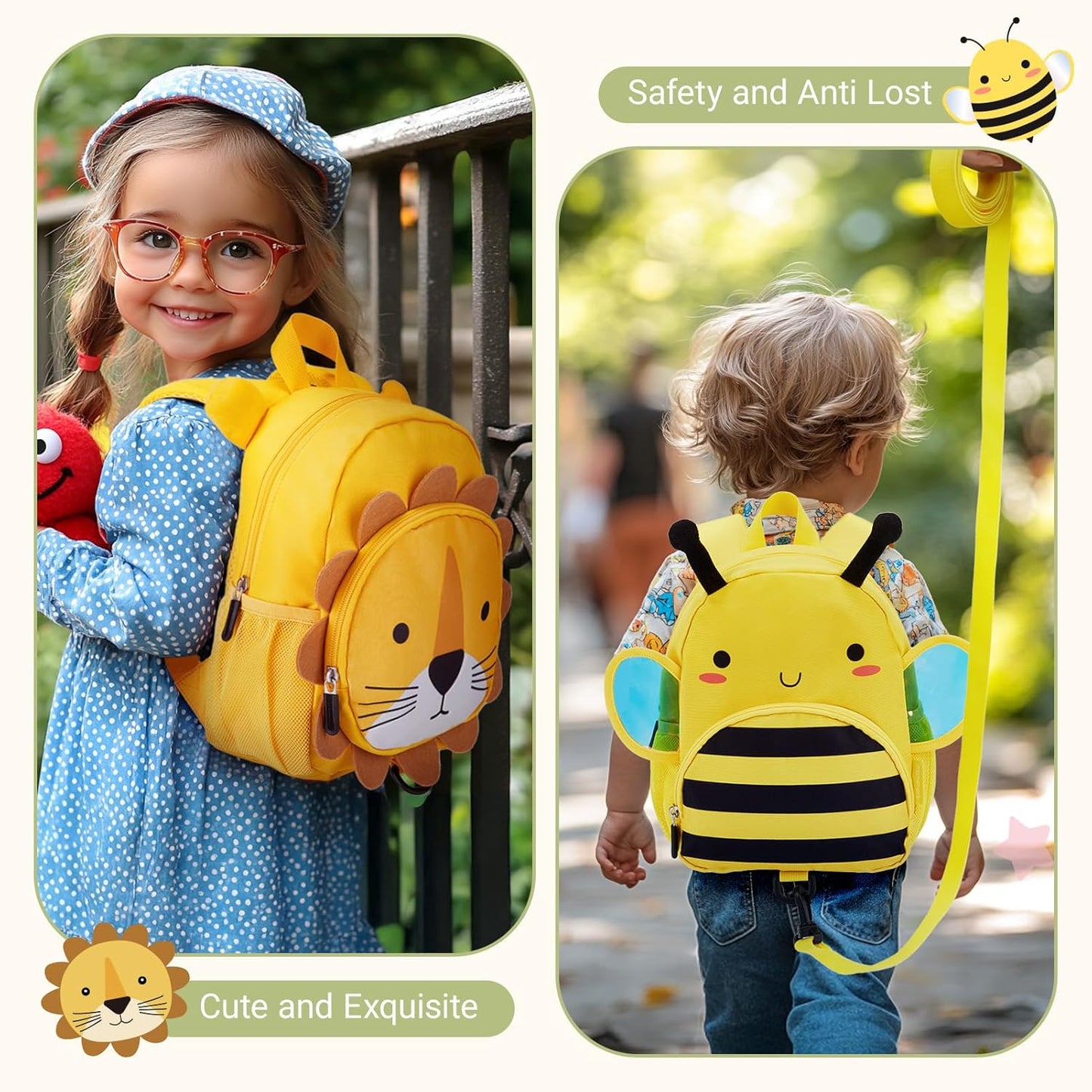mommore Toddler Backpack for Girls Boys 2-4, 3D Cartoon Mini Kids Travel Bag, Small Baby Backpack with Toddler Leash, Chest Buckle, Water-Resistant Pre-K Schoolbag, Bee