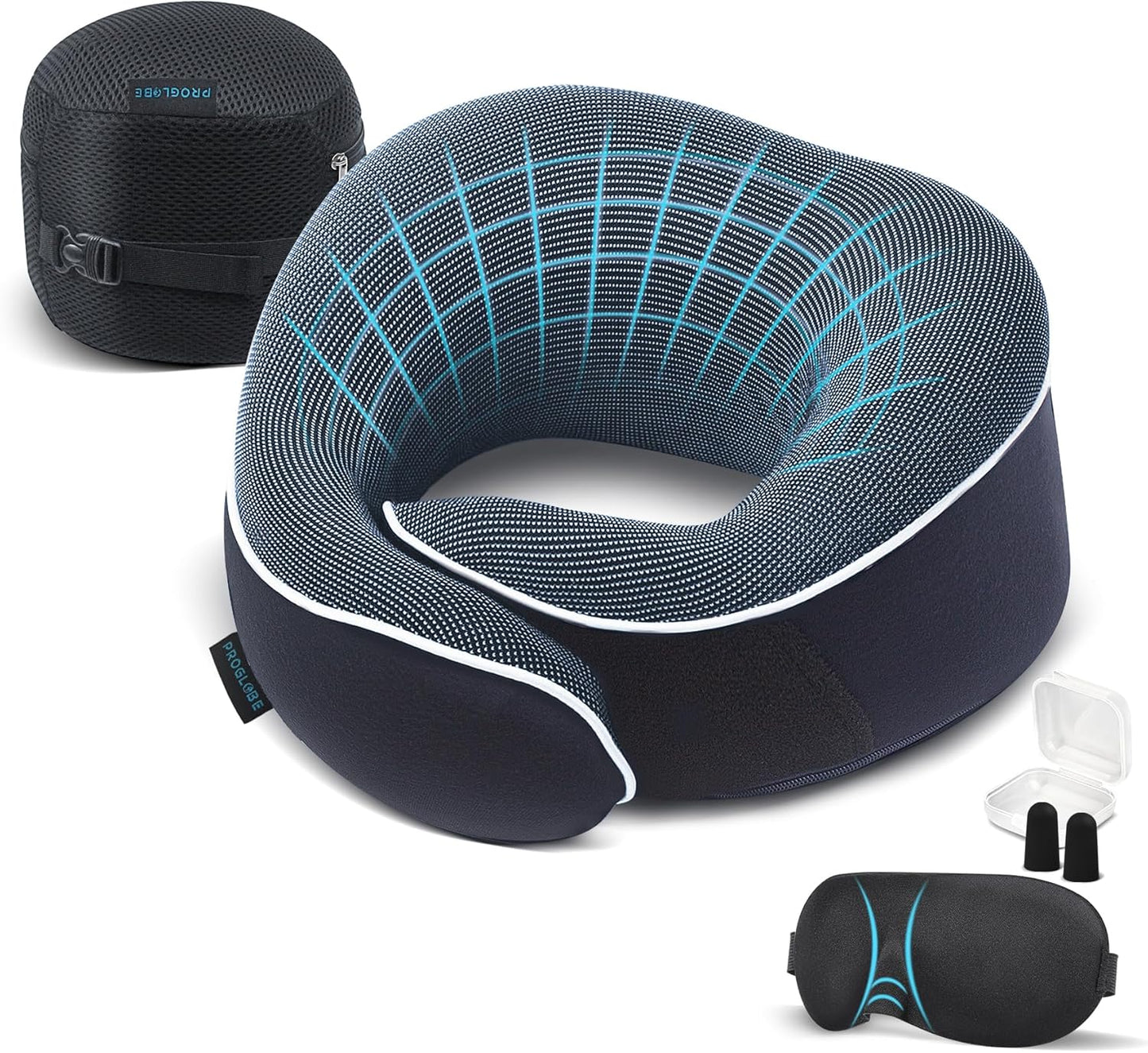 Orthopedic Neck Pillow Travel Neck Pillows for Airplanes, Memory Foam Kit, Updated Resting Material, Airplane Travel Set with 3D Contoured Eye Masks, Earplugs, and Luxury Mesh Bag (Blue)
