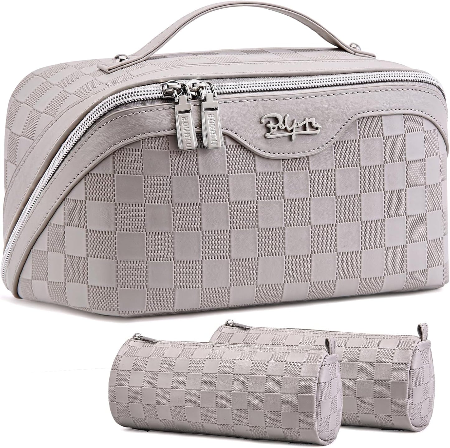 Travel Makeup Bag Organizer Cosmetic Bag: 3 Pcs Set Make up Bags for Women with Handle - Waterproof Vegan Leather Toiletry Bags with Comparments (C-13-Gray)