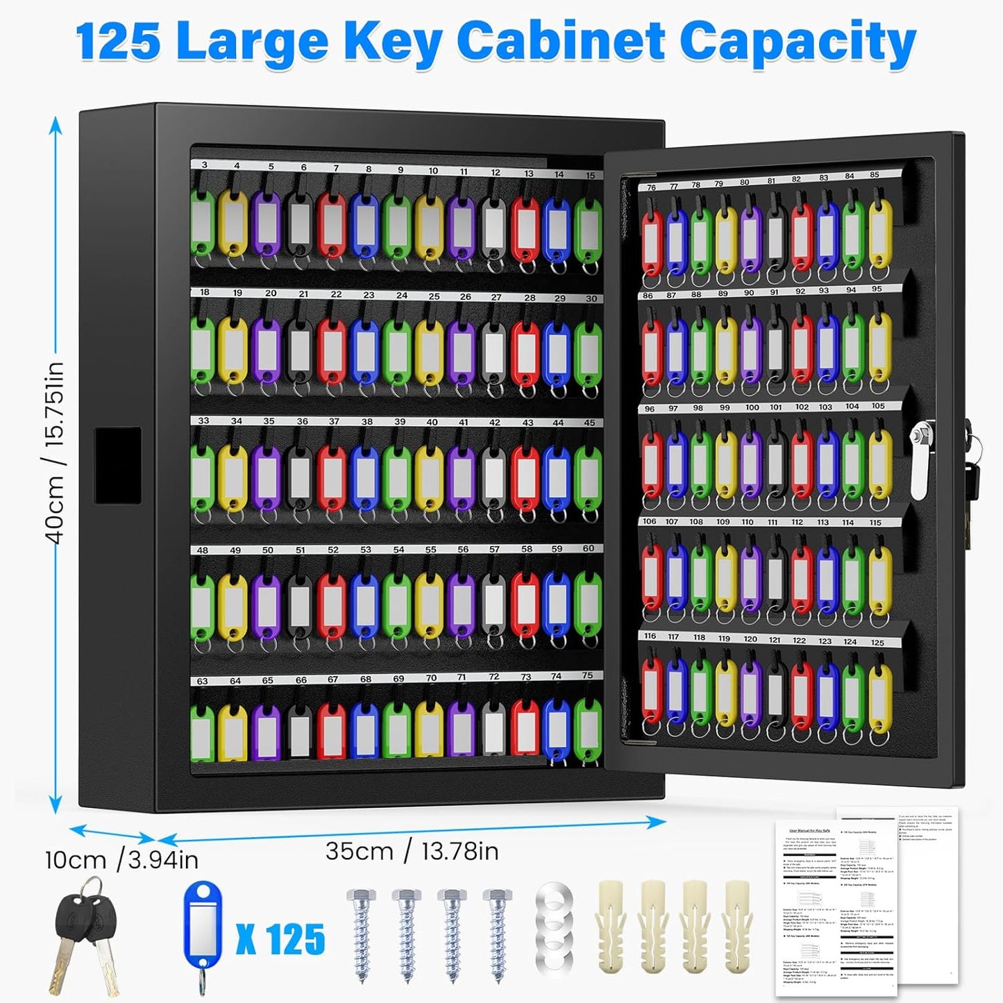 125 Keys Key Lock Box Wall Mount, Anti-Theft Key Organizer with Colored Key Tags and Key Drop Slot, Conveniently Key Cabinet for Car Garage House Rental Office Business