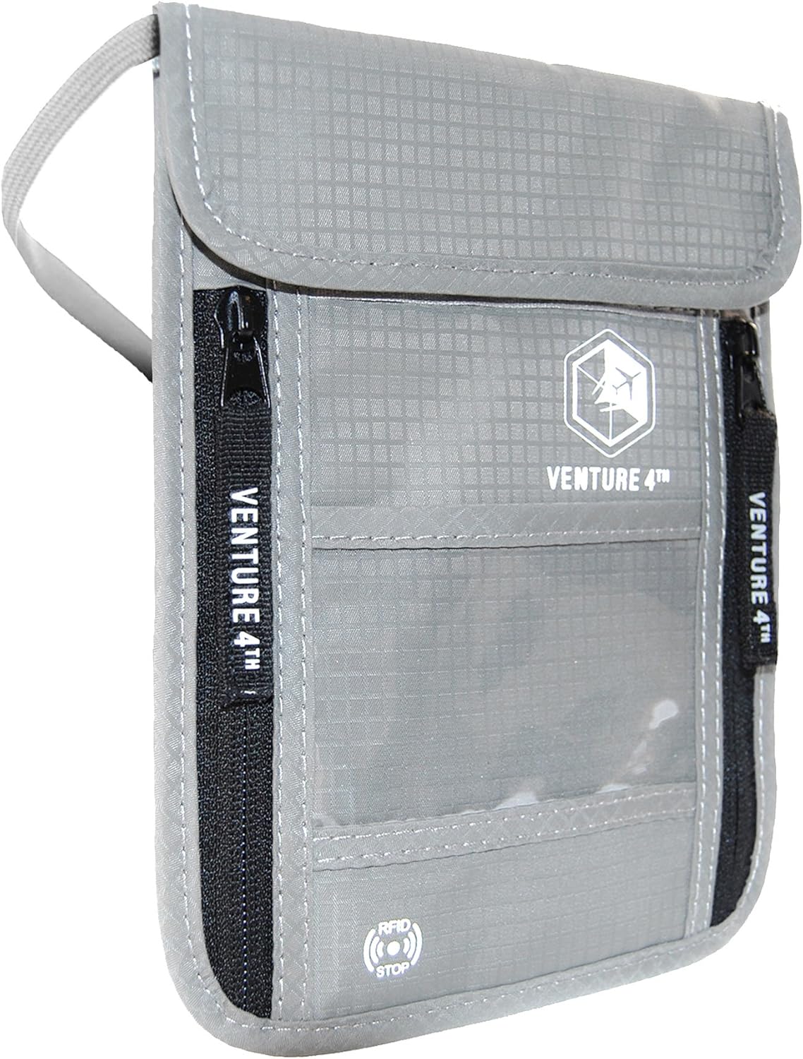 VENTURE 4TH Passport Holder Neck Wallet with RFID Blocking Nylon Lining - Hidden Neck Pouch for Travel (Silver)