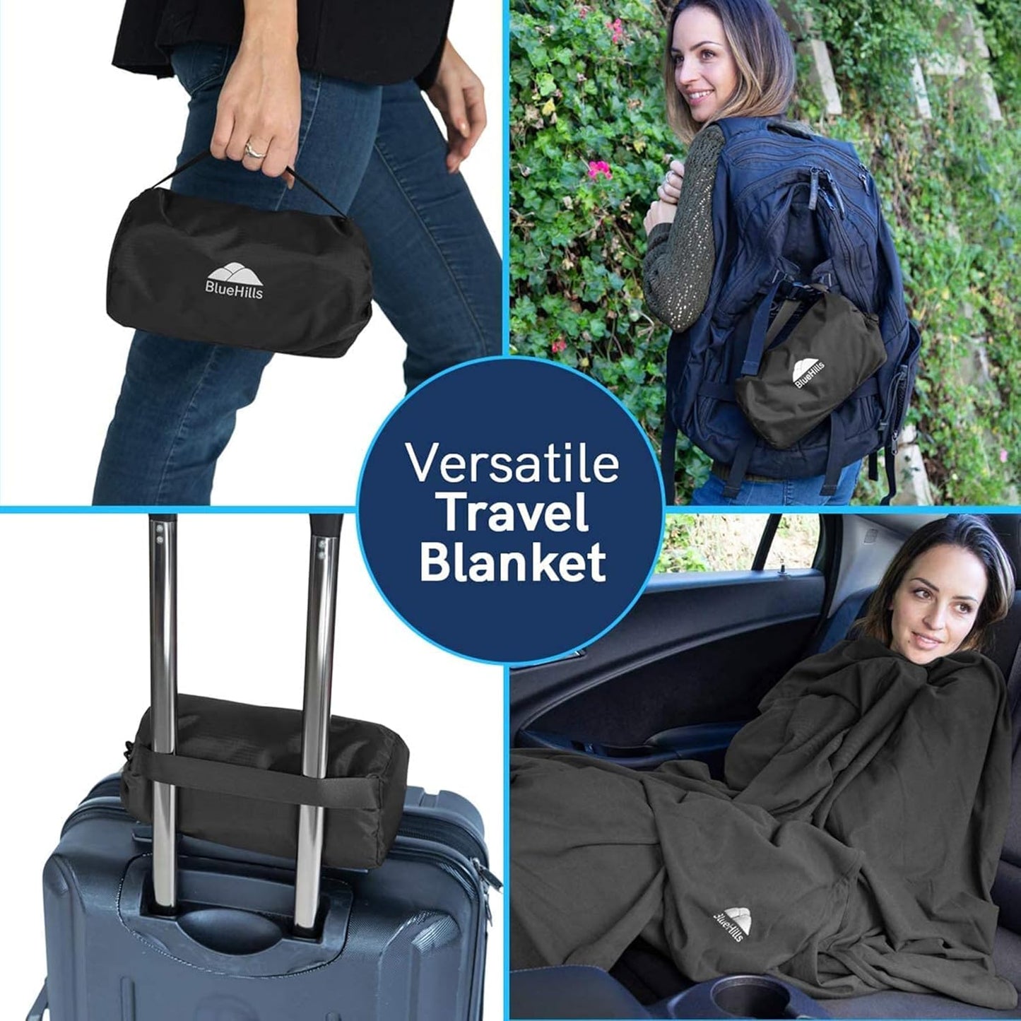 BlueHills Ultra Compact Travel Blanket Pillow in Portable Bag Case with Hand Luggage Belt & Backpack Clip Premium Cozy Soft Compact Pack Large Blanket for Airplane Flight Layover Black C003