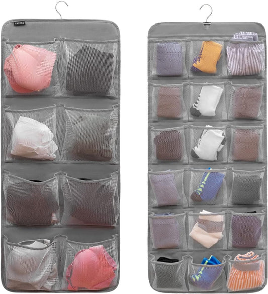 Dual-Sided Hanging Closet Organizer for Socks Underwear Bra Kids Storage Organizer for Baby Clothes Toddler Shoes with 26 Pockets (Grey-Mesh Pockets)