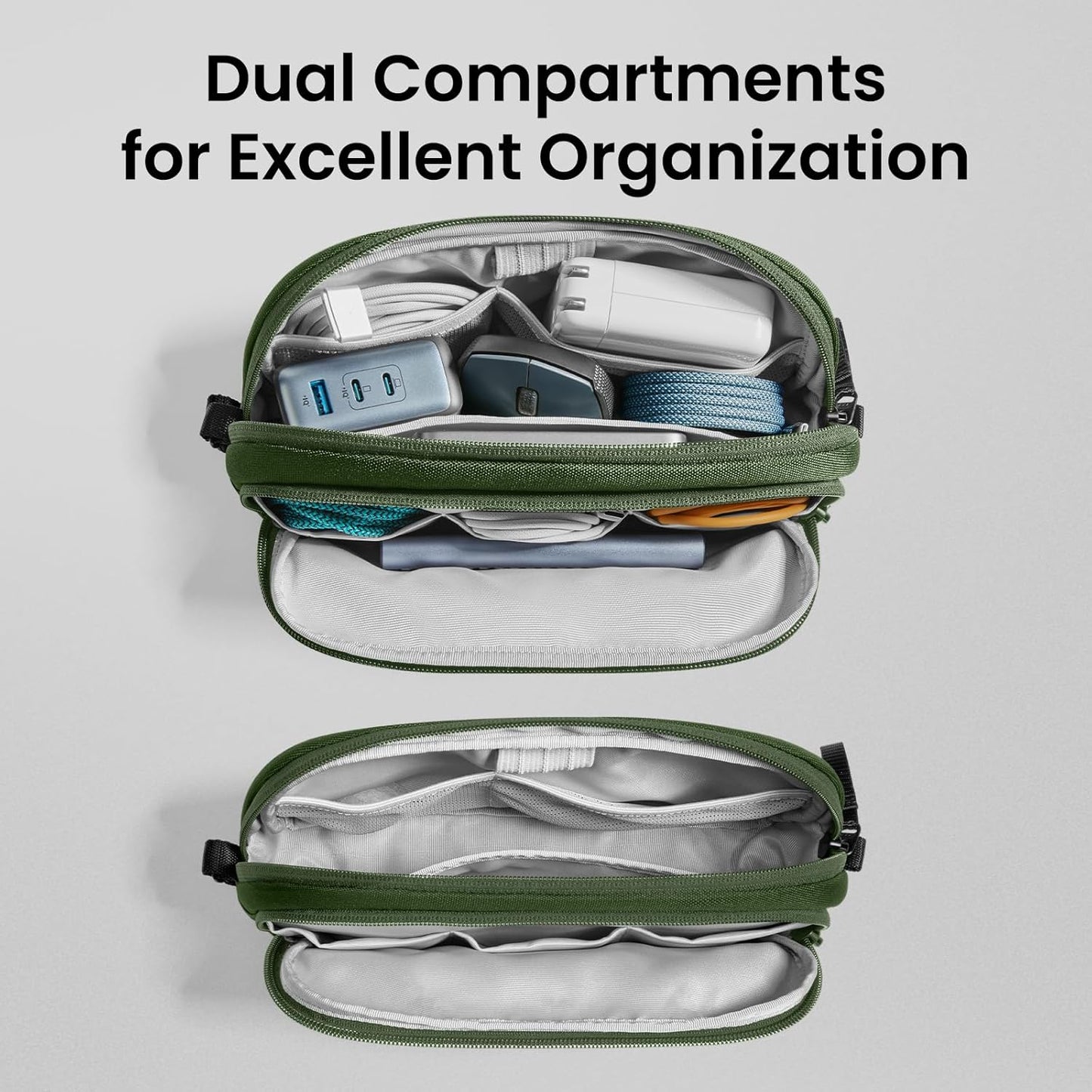 tomtoc Electronic Organizer Travel Case, Water Resistant Dual Compartment Tech Pouch Cable Organization Storage Bag for Charger, Cord, Phone, Hard Drive, Power Bank, Accessories Travel Essentials