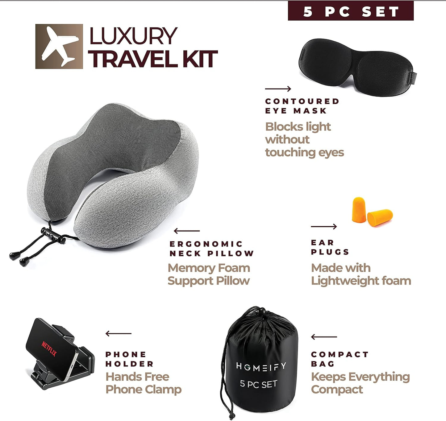 Airplane Neck Pillow Includes Travel Pillow + Airplane Phone Holder Mount + Eye Masks + Earplugs for Travel, 100% Pure Memory Foam Travel Pillow, 4 Pc Travel Kit, 2 Pack