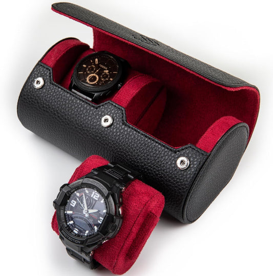2 Watch Travel Case for Men – Bold Faux Leather Organizer for Smart & Luxury Timepieces - Portable Travel Watch Holder - Ideal Gift for Men with Premium Gift box (Black & Wine)