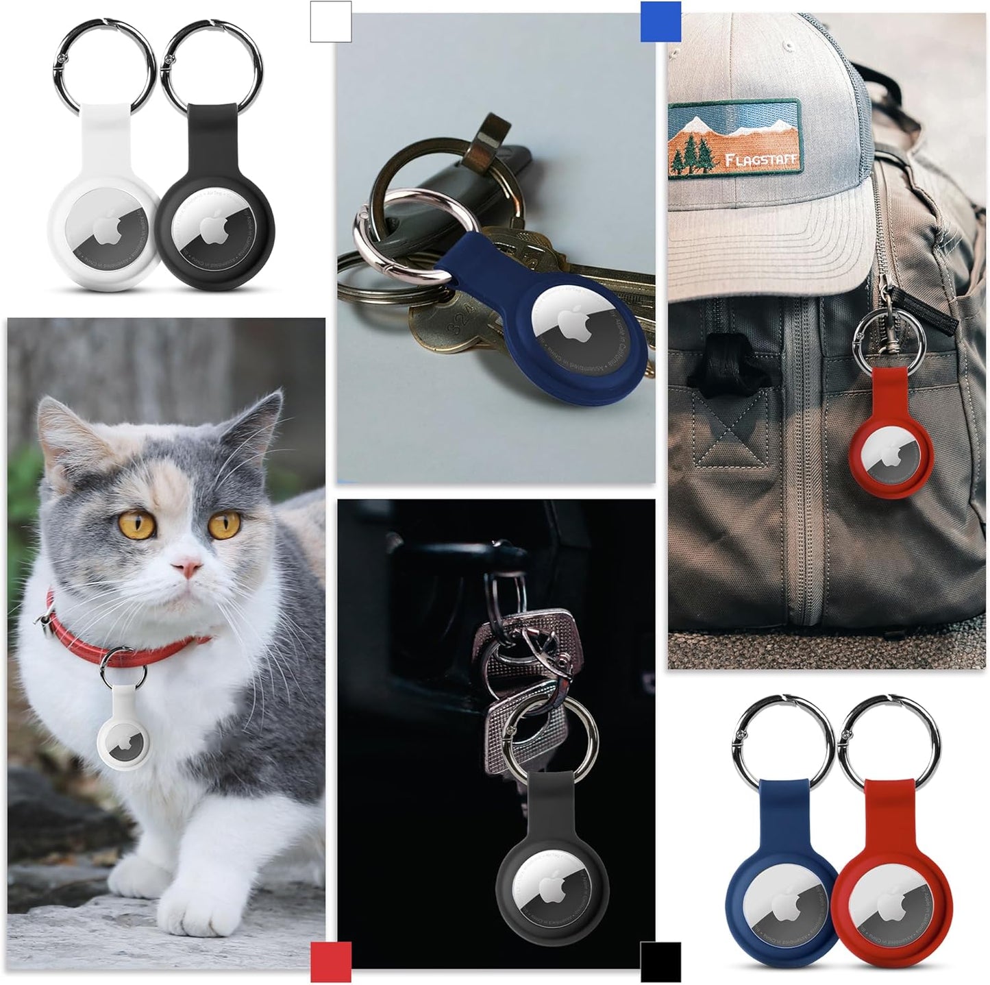 Apple AirTag 4 Pack Shockproof, Dustproof & Washable Cases, Silicon Holders with Accessories for Wallets, Luggage, Pet Collars, Key Finders (White - Black - Blue - Red)