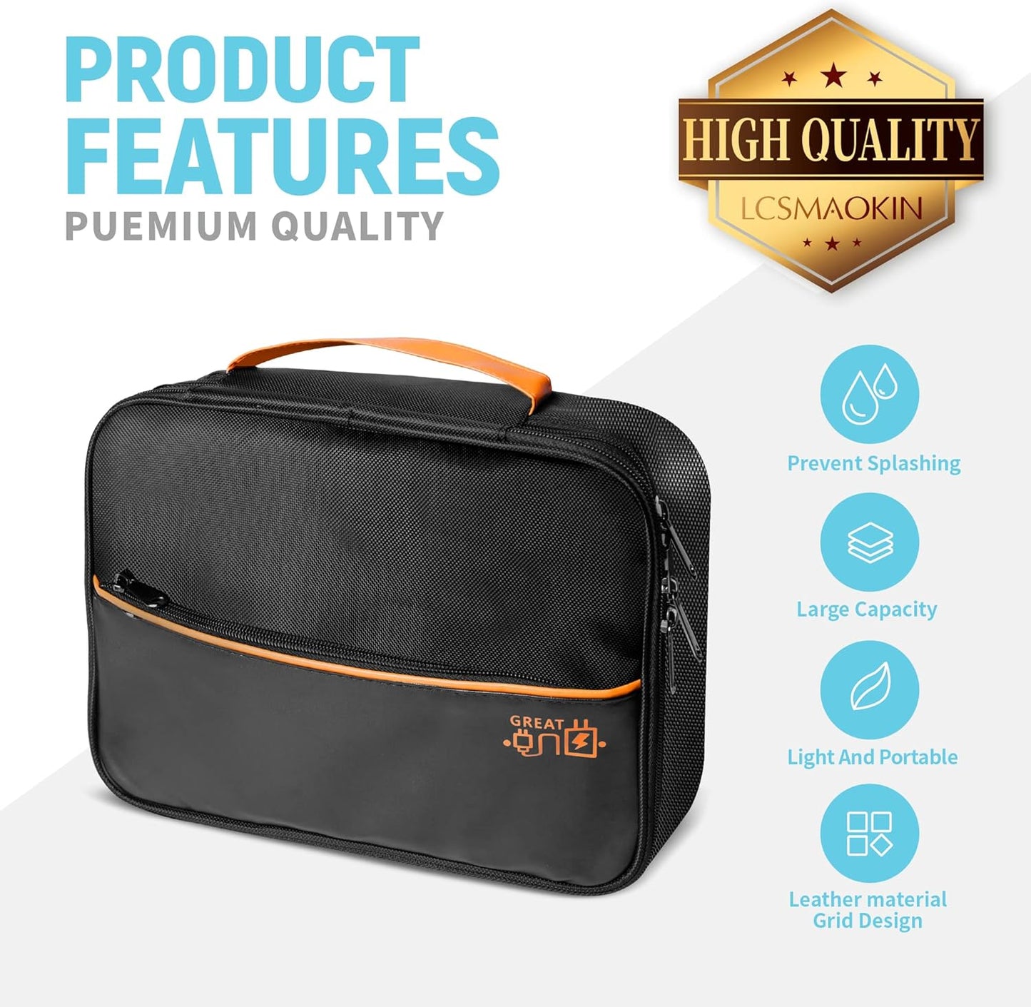 Electronics Travel Organizer, Large Double Layer Portable Waterproof Travel Organizer Bag for Charging Cable Storage, Ipad, Power Bank, Business and School ,5pcs Cable Ties-Black